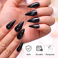 Vista 5 de morily 24 uñas postizas negras a presión, uñas postizas de aguja de longitud media, uñas postizas de almendra, uñas postizas largas acrílicas