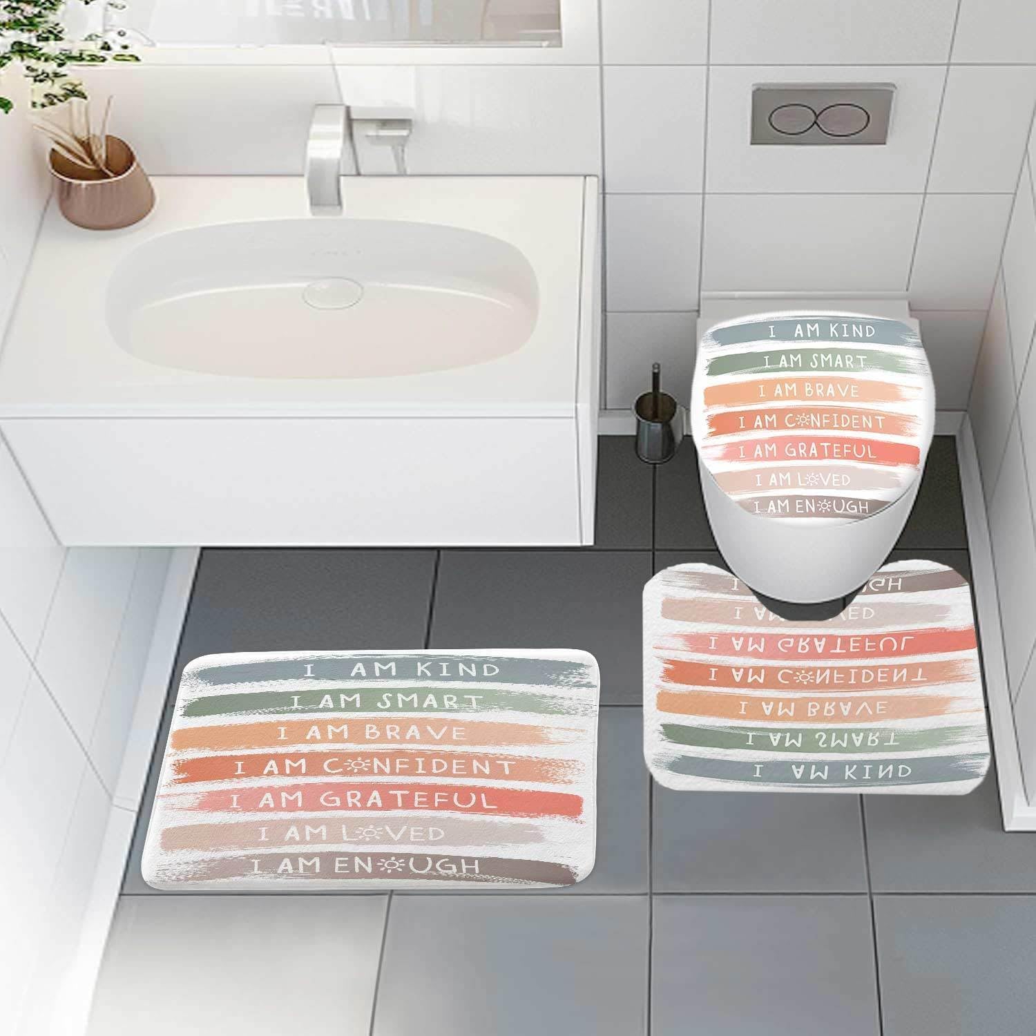 4 Pcs Rainbow Shower Curtain Sets, Teen Boy Girl Bathroom Decor, Kids Inspirational with Non-Slip Rugs and Accessories, Boho Colorful Fabric Toilet Lid Cover and Bath Mat, Shower Curtain with Hooks