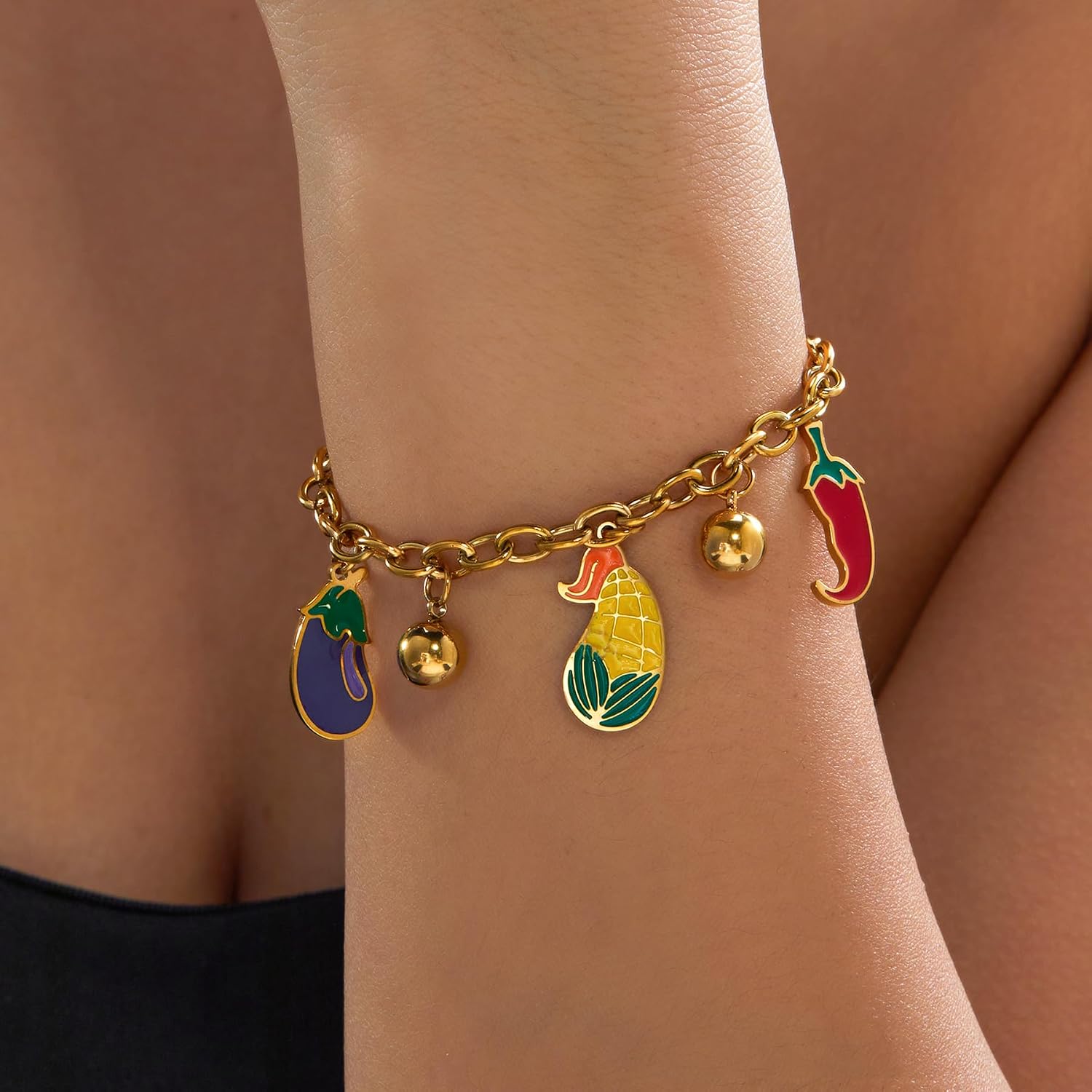 Cute Fruit Vegetable Bracelet for Women 18K Gold Plated Stainless Steel Charm Chain Y2K Chunky Enamel Fruit Vegetable Waterproof Jewelry for Summer Beach Jewelry