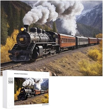 Wooden Jigsaw Puzzles Challenging Puzzle with Zoning Letters Personalized Steam Locomotive Train Puzzles for Adults Family Games & Wall Art Decor 500 PCS