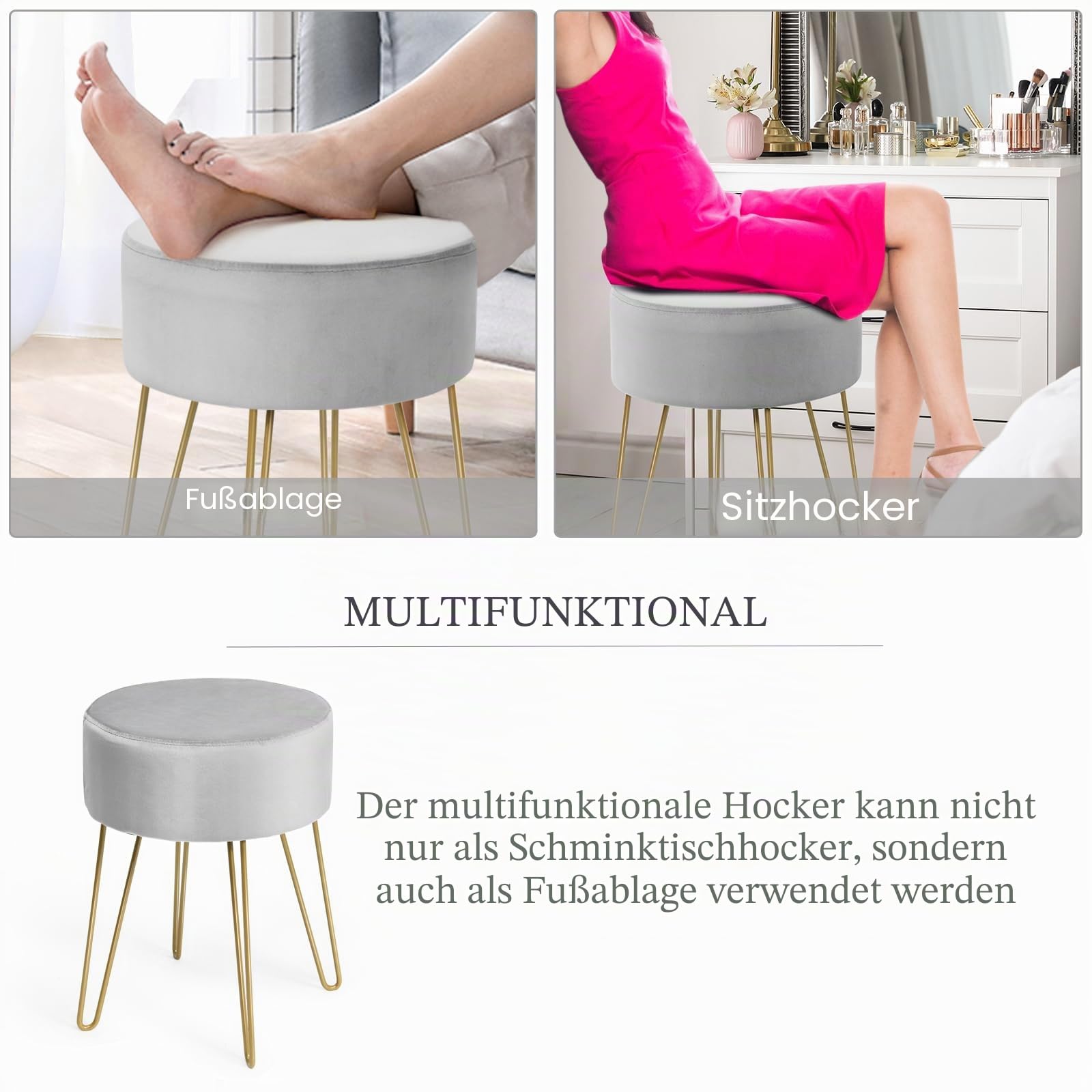 HOMASIS runder Hocker für Schminktisch, Sitzhocker aus Samt, Kleiner Fußhocker mit goldenen Metallbeinen, eleganter Polsterhocker, Schminkhocker für Wohnzimmer Schlafzimmer, 34 x 46 cm (Grau)