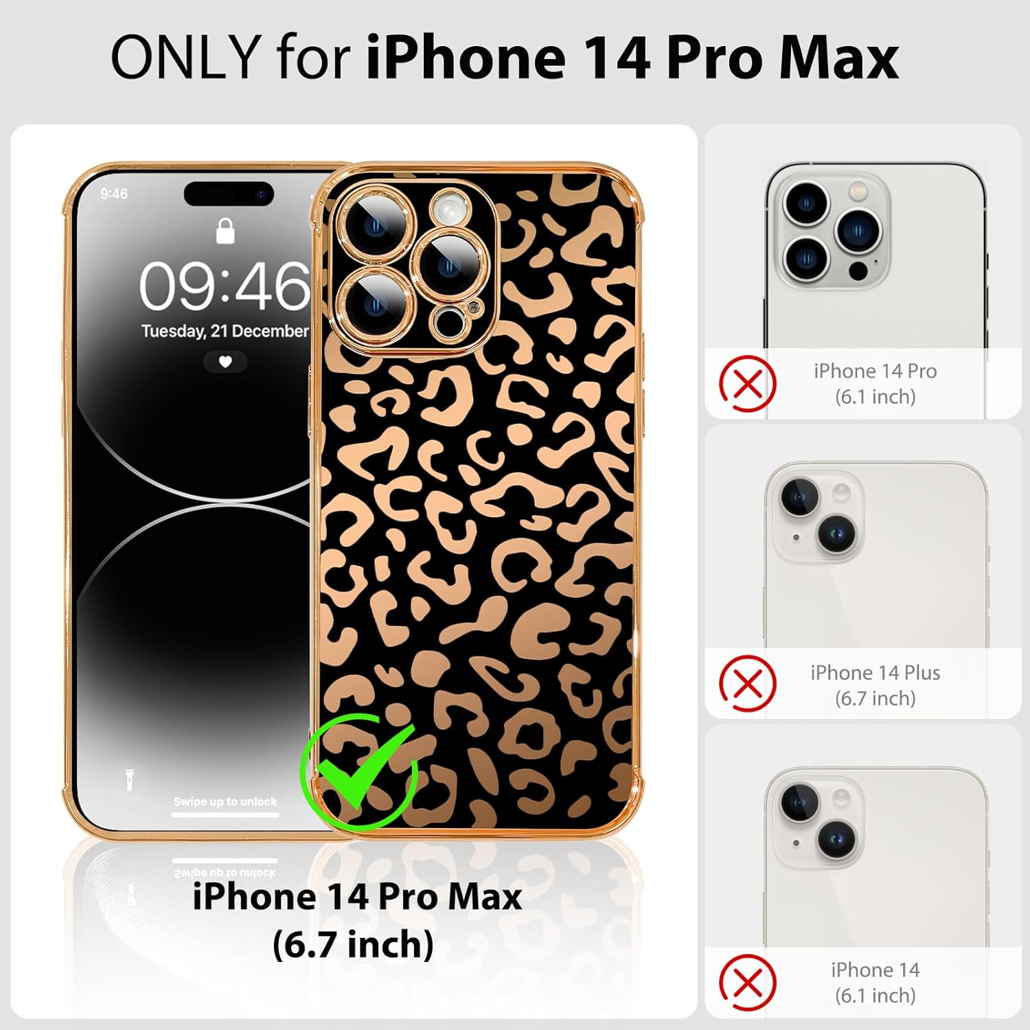 Cute Phone Case for iPhone 14 Pro Max 6.7 Inches, Luxury Golden Edge Leopard Pattern Plating for Girls Women, Full Camera Protection Shockproof Soft TPU Bumper Phone Case Cover, Black - Image 2