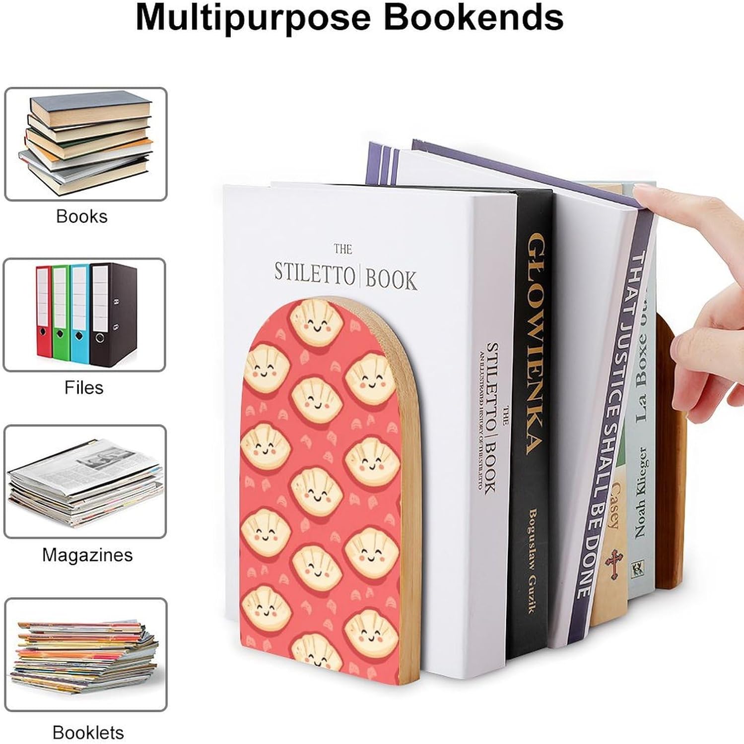 Cute Dumpling Cute Wood Book Ends Decorative Bookends 1 Pair Non-Skid for Shelves Home Office 7 X 5 Inch
