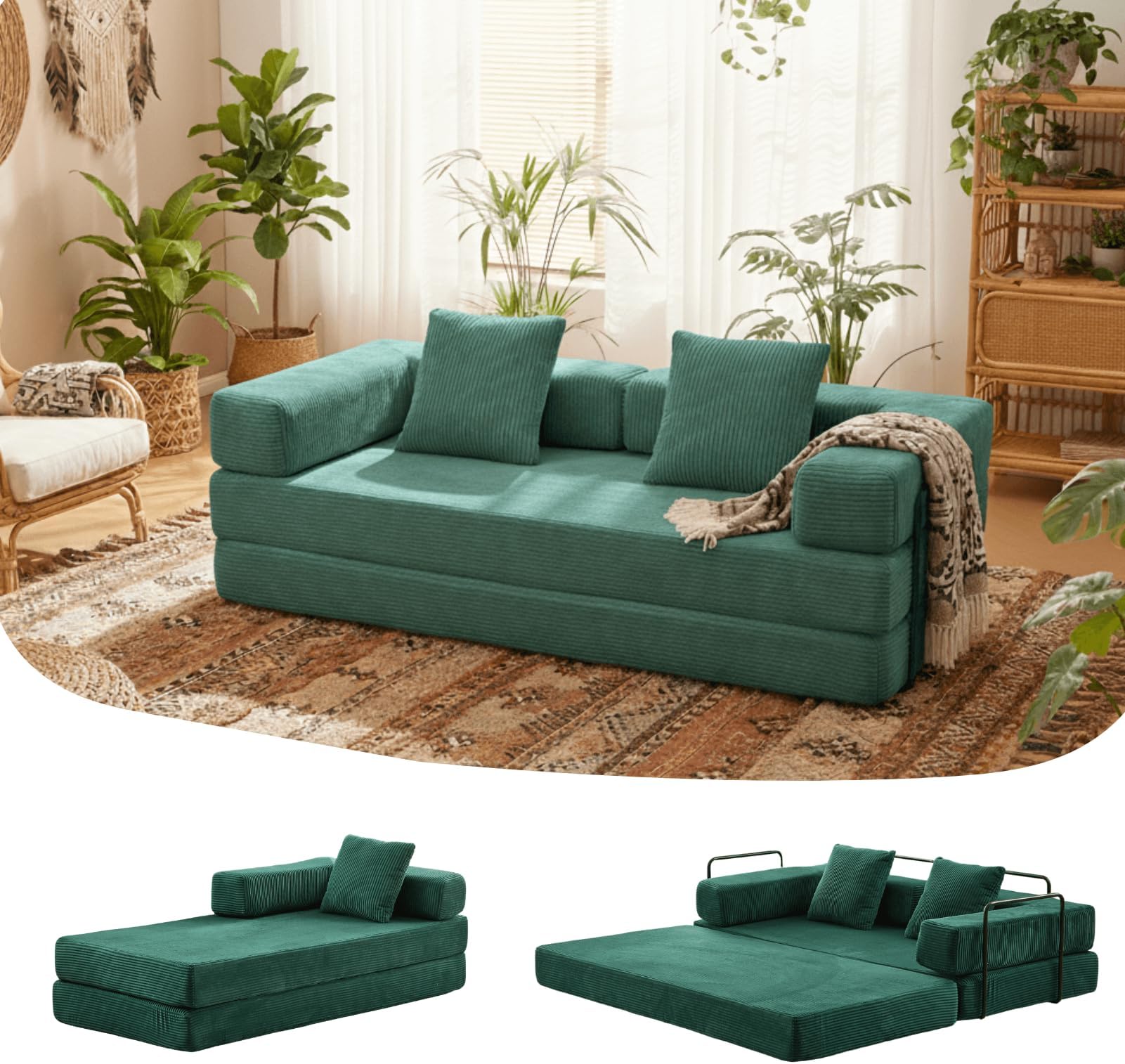 Sofa Bed Convertible Sleeper, 77" Sofa Bed Full Size with L-Shaped Armrests, Pull Out Sofa Beds Queen Size Couches for Small Living Room for Living Room Bedroom, Corduroy, Dark Green
