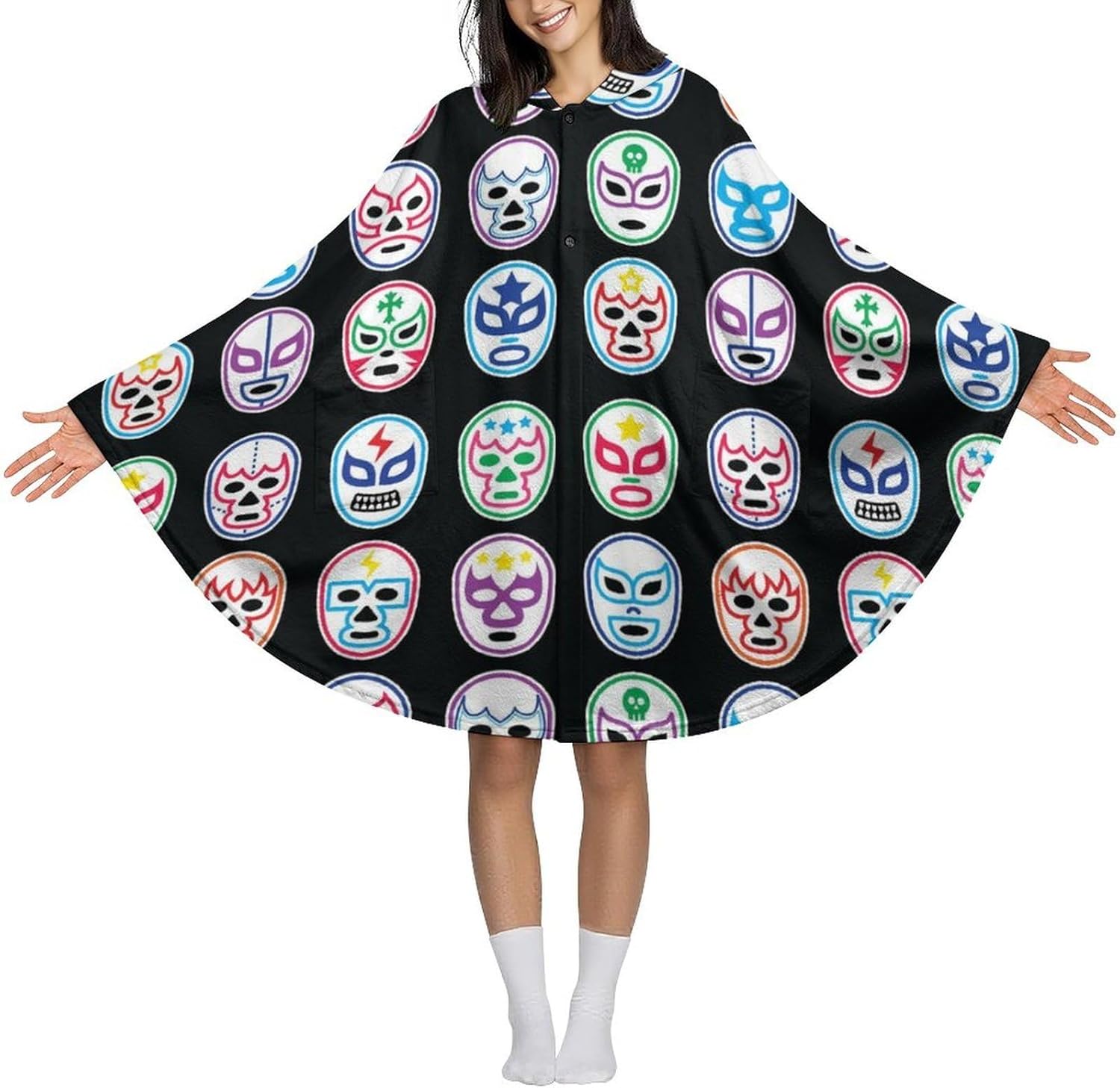 Lucha Libre Mexican Wrestling Masks Wearable Blanket with Hooded Flannel Blankets Cape with Pocket
