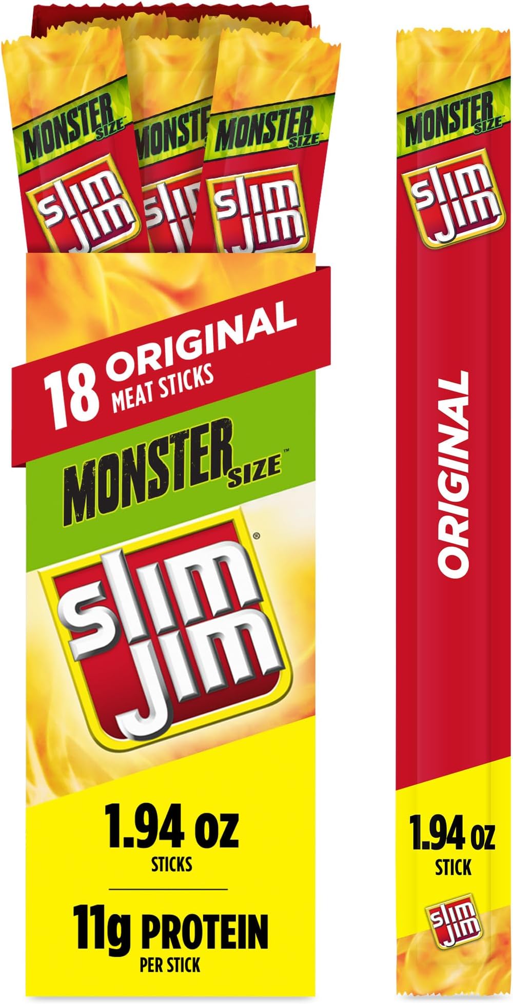 Slim Jim Monster Smoked Meat Sticks, Original Flavor, High Protein, 1.94 oz. (18 Count)