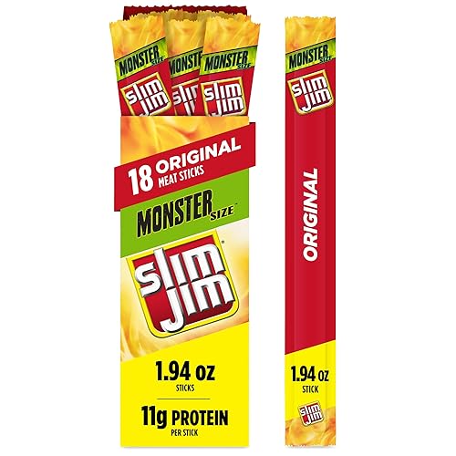 Slim Jim Monster Smoked Meat Sticks, Original Flavor, High Protein, Stocking Stuffer, 1.94 oz. (18 Count) - Original - 34.92 Ounce (Pack of 1)