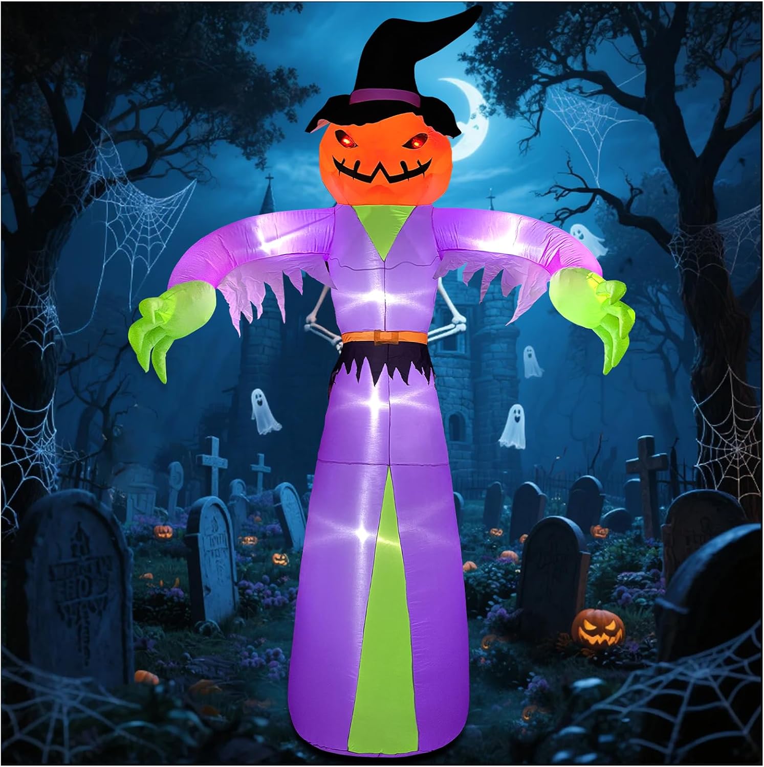 12FT Giant Halloween Inflatables Pumpkin Ghost with Witch Hat, Halloween Inflatables Decorations with LED Lights for Haunted House Indoor Outdoor Yard Garden Lawn Holiday Party
