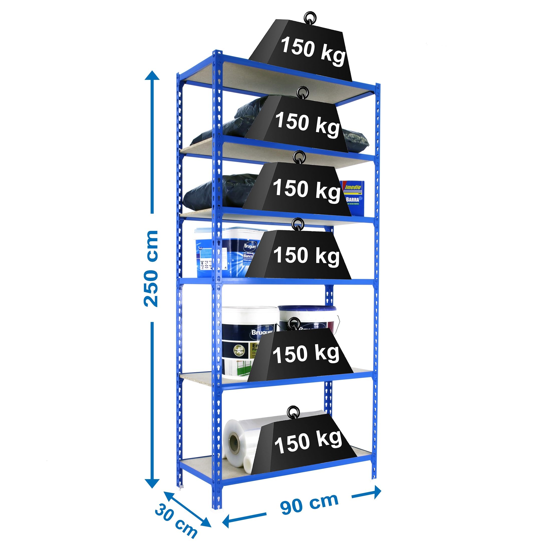 Simon Rack Scaffale Metallo Garage e 6 Ripiani, Capacità di Carico 150 kg e Punto di Flessione, 2500x900x300 mm, Metallo, Scaffalatura per Garage, Blu/Legno - Maderclick