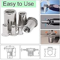 Vista 4 de Tuerca de remache, 50 piezas 1/4-20UNC de acero inoxidable de cabeza plana remachada roscada, cuerpo moleteado (1/4-20), para decoración de muebles