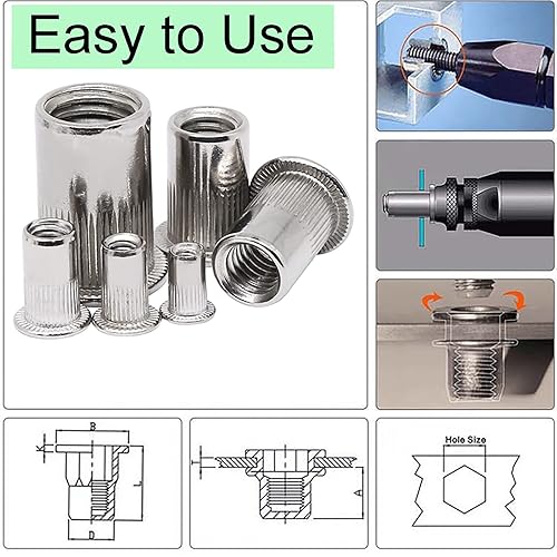 Miniatura 4 de HanTof - Tuerca de remache, 50 piezas métricas M8 de acero inoxidable de cabeza plana remachada roscada, cuerpo moleteado (M8-1.25), para decoración