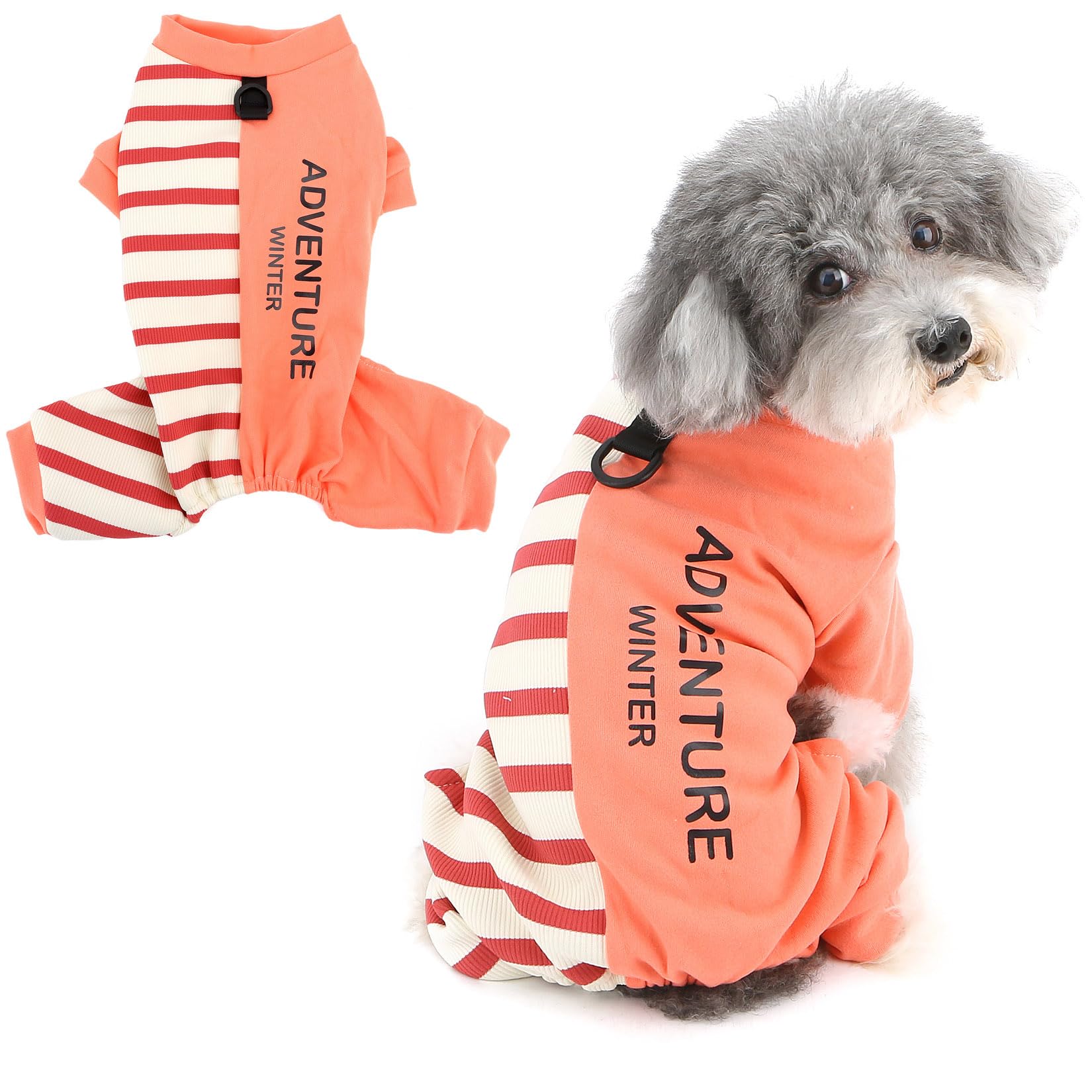 Ranphy Fleece Lined Striped Knit Dog Pyjamas for Small Dogs Patchwork Puppy Jumpsuit with D-Ring Four-Leg Pullover Pjs Warm Winter Autumn Stretchable Pet Sleepwear Chihuahua Yorkie Clothes Pink L