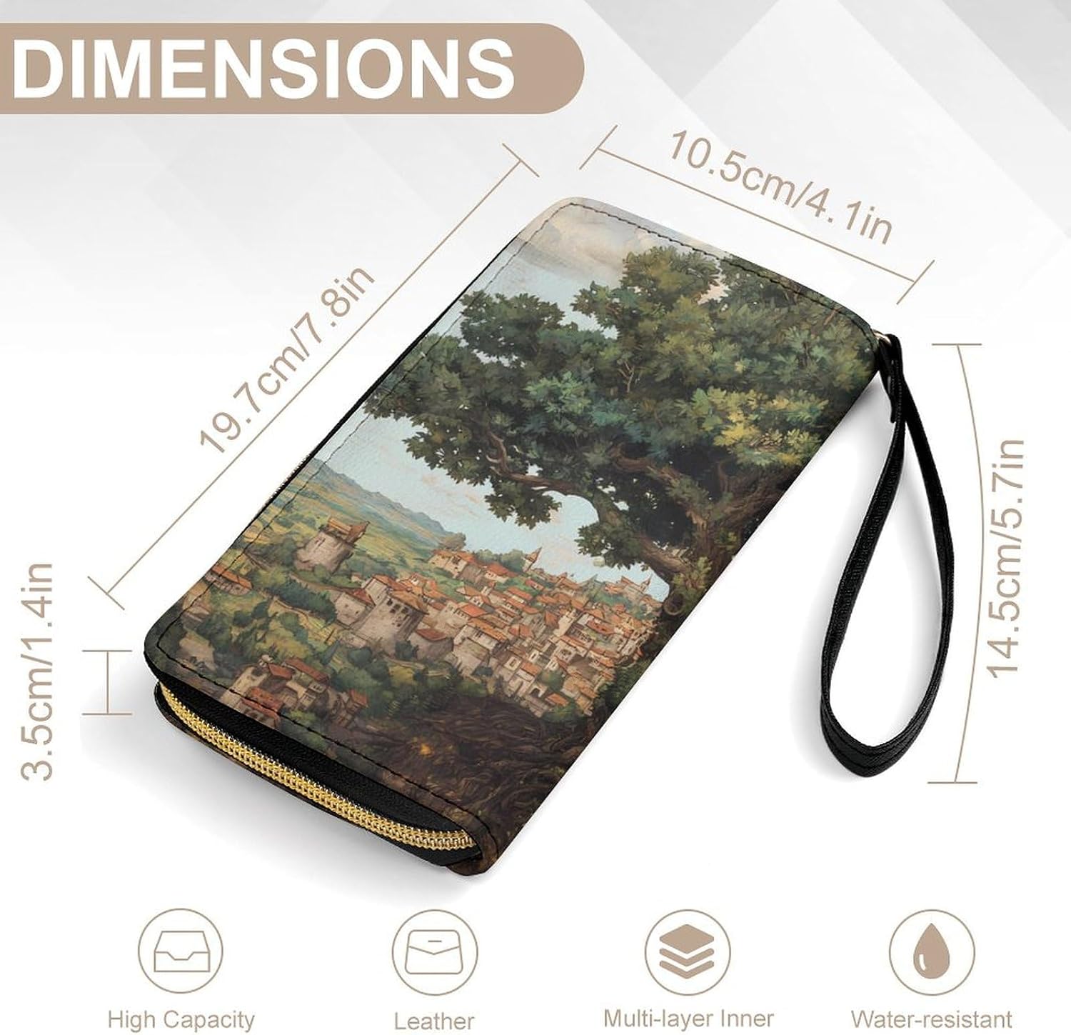 Medieval Giant Tree City Wristlet PU Leather Wallet for Women Long Purse Multi-layered Cluth Bag Handbag
