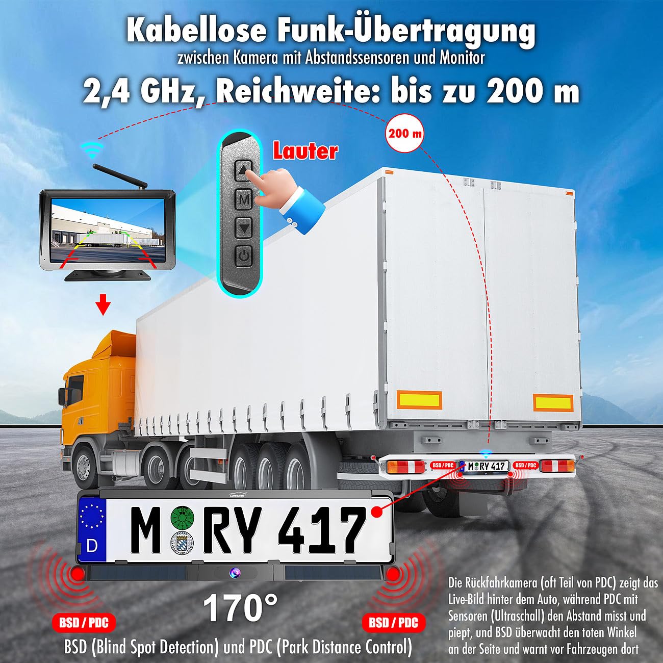 Lescars Einparkhilfe: Kabelloses Solar-Funk-Rückfahrkamera-Set, CarPlay-/Android-Auto-komp. (Abstandssensor & Rückfahrkamera, Carplay kompatible, Navi)