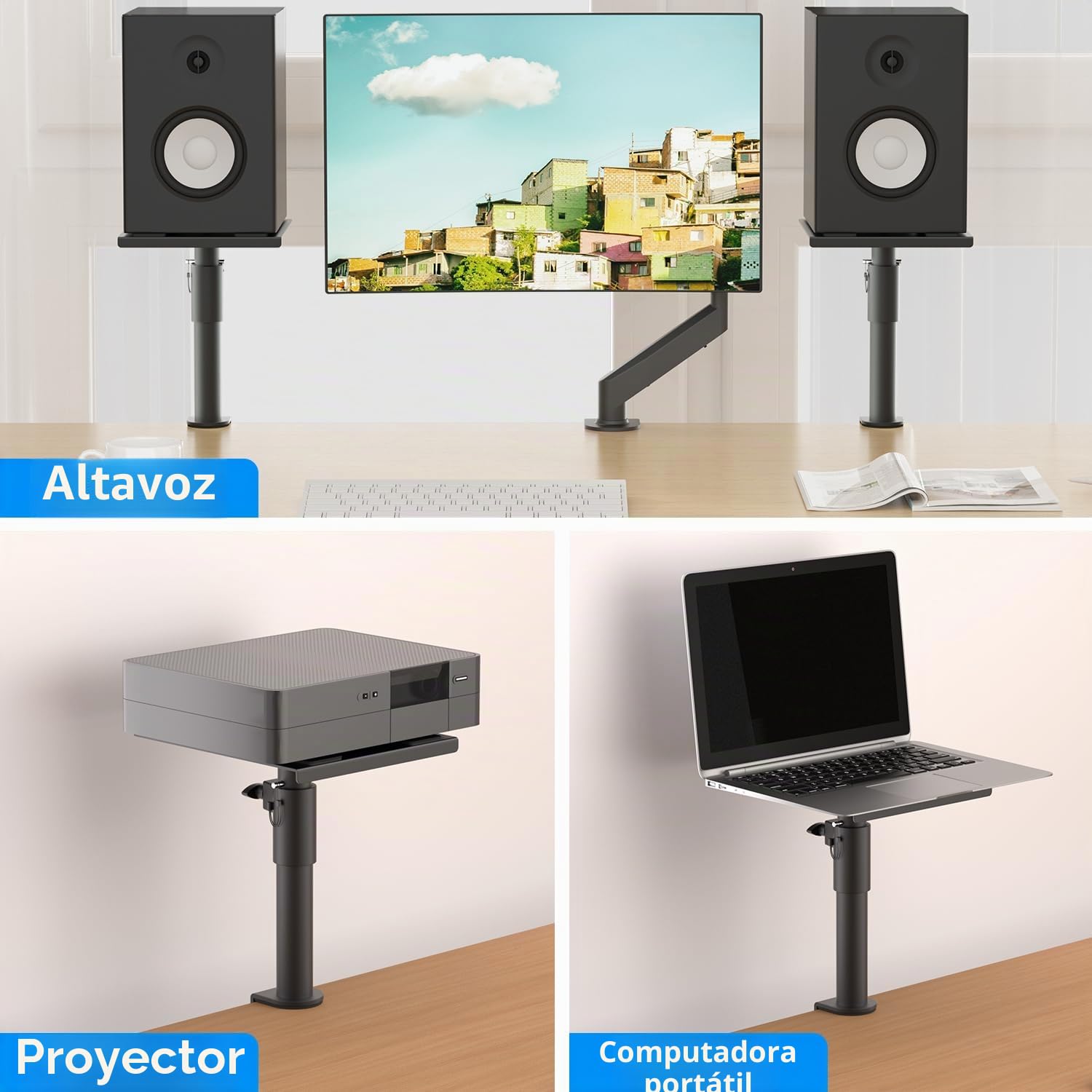 suptek Soportes para Altavoces de Escritorio con Abrazadera: Pareja de Estantes de Altavoz de Estudio, Altura Ajustable, para Portátil y Proyector, SDM001GB