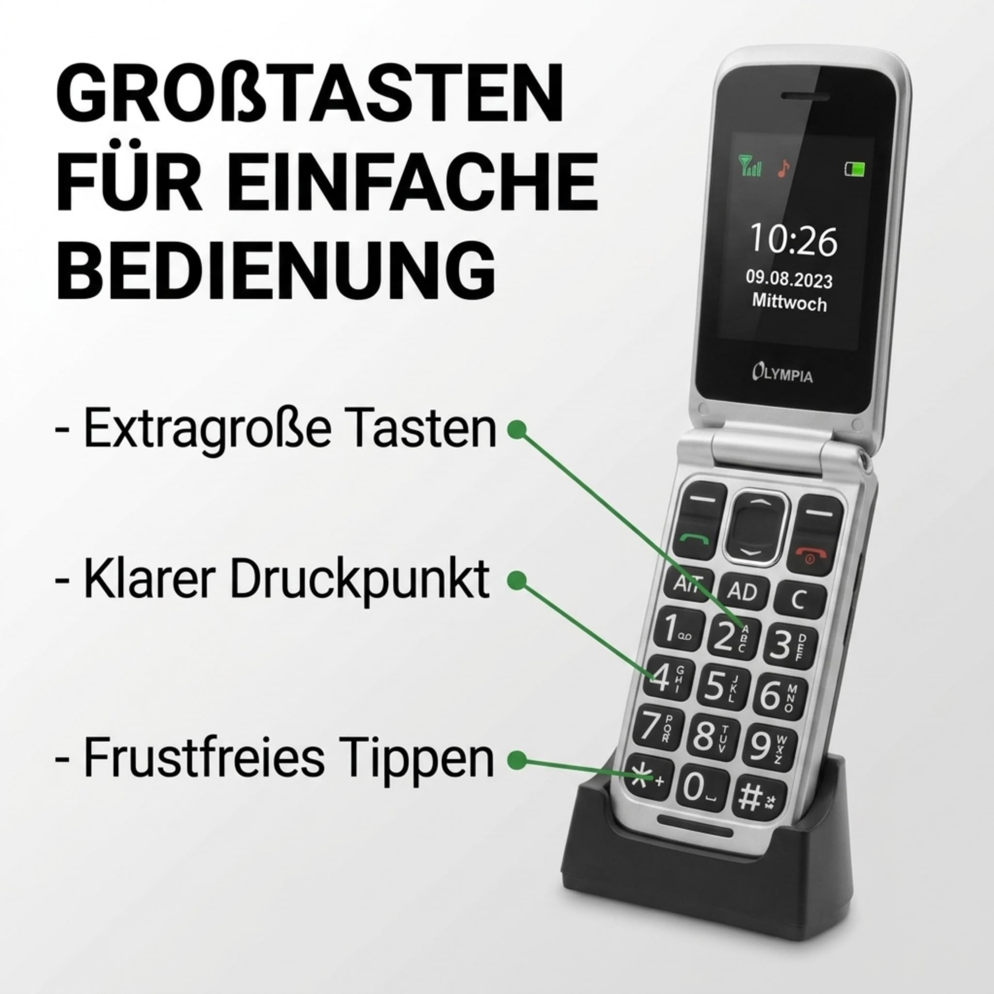 Olympia Vitus 4G Seniorenhandy | Klappbar mit Großtasten | Hörgerätekompatibel | Handy für Senioren | Notruftaste & SOS-Funktion | Farbdisplay | Kamera | Taschenlampe | Langlebiger Akku | Schwarz