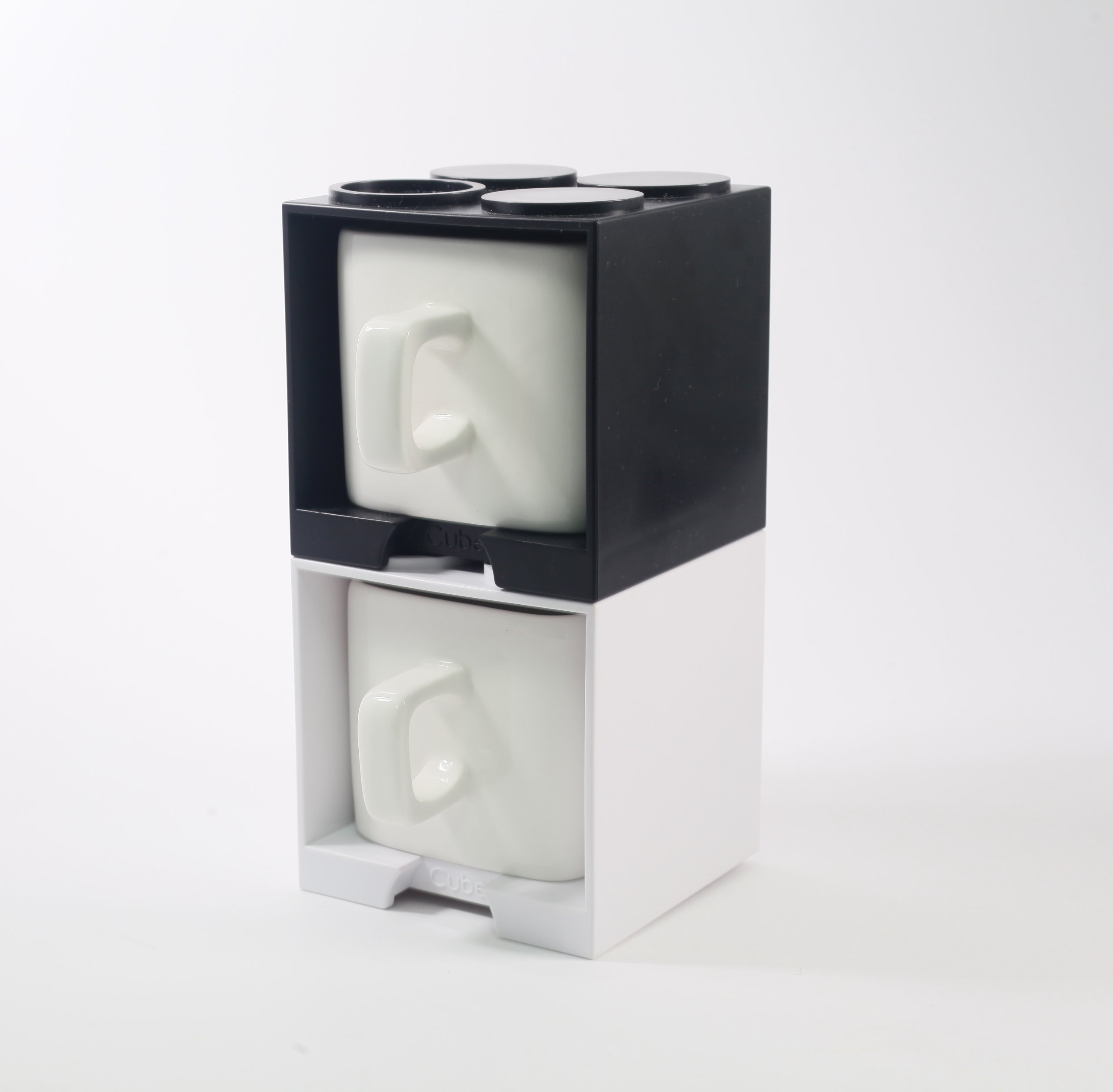 Cube Mug (Black and White), Stackable Coffee Mug, Ceramic Mug with Plastic Cube