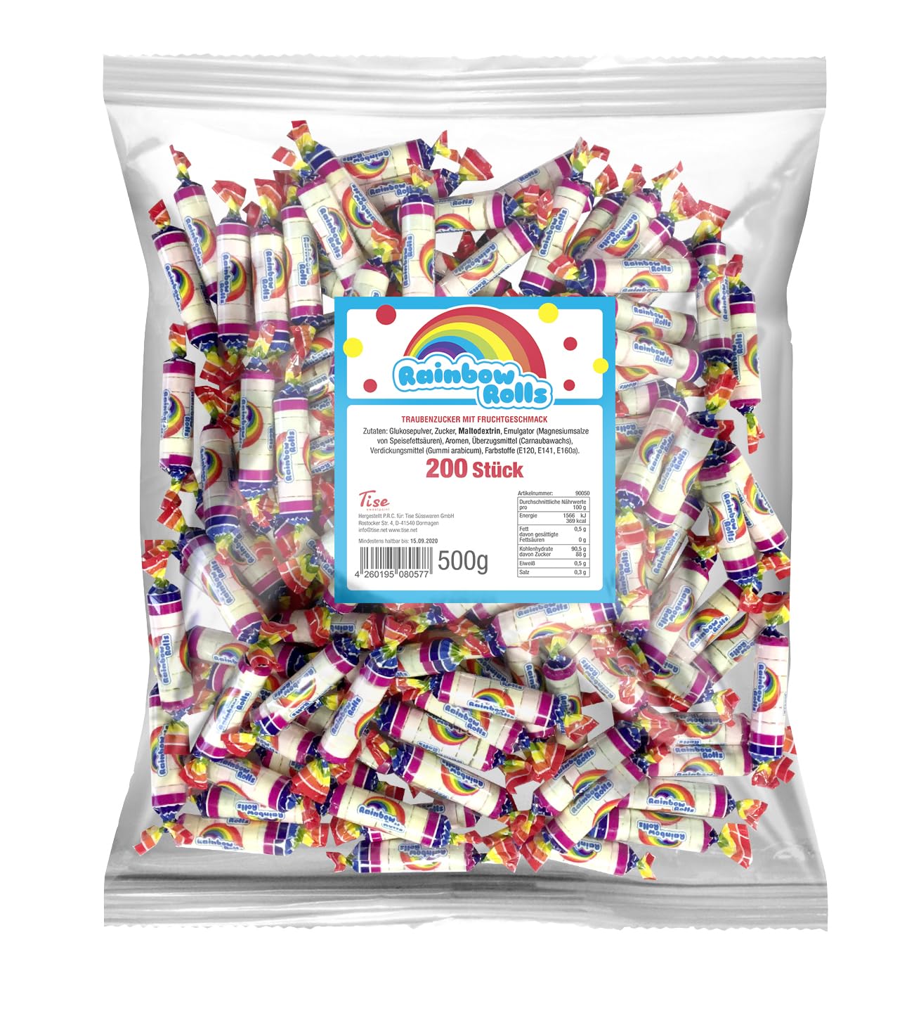 Tise Süsswaren Rainbowrolls Traubenzucker Karton (12x200 Stück) Perfektes Wurfmaterial für Karneval, Fasching, Halloween, St. Martin (12x500g)