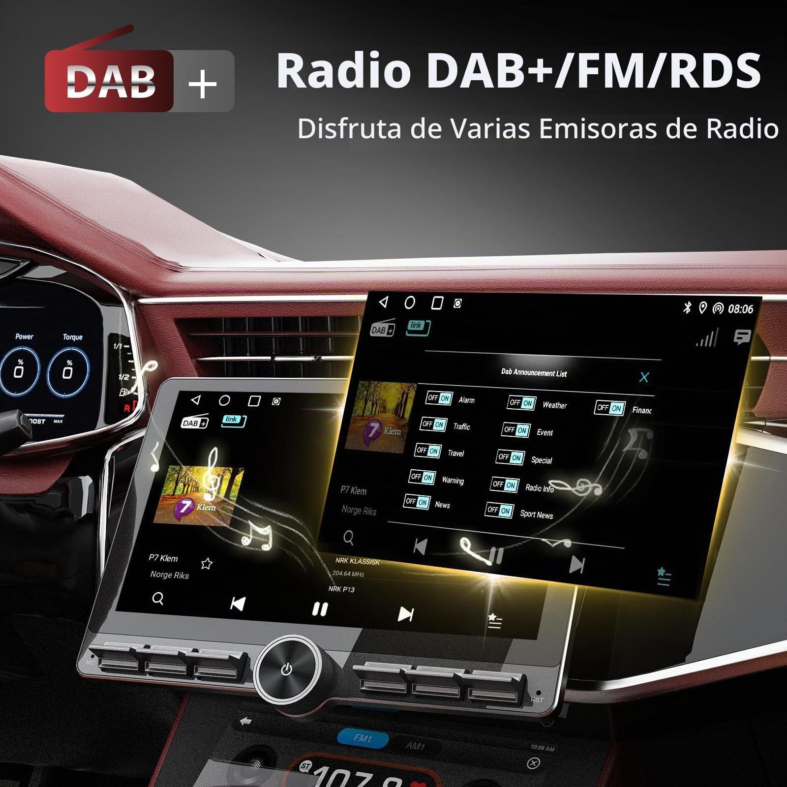 Haudio Dab Radio Coche 1 DIN con CarPlay Inalámbrico y Android Auto,Pantalla Táctil de 10.1 Pulgadas,soporta Manos Libres/FM|Am/Dab/AUX con 1080P Cámara de Respaldo