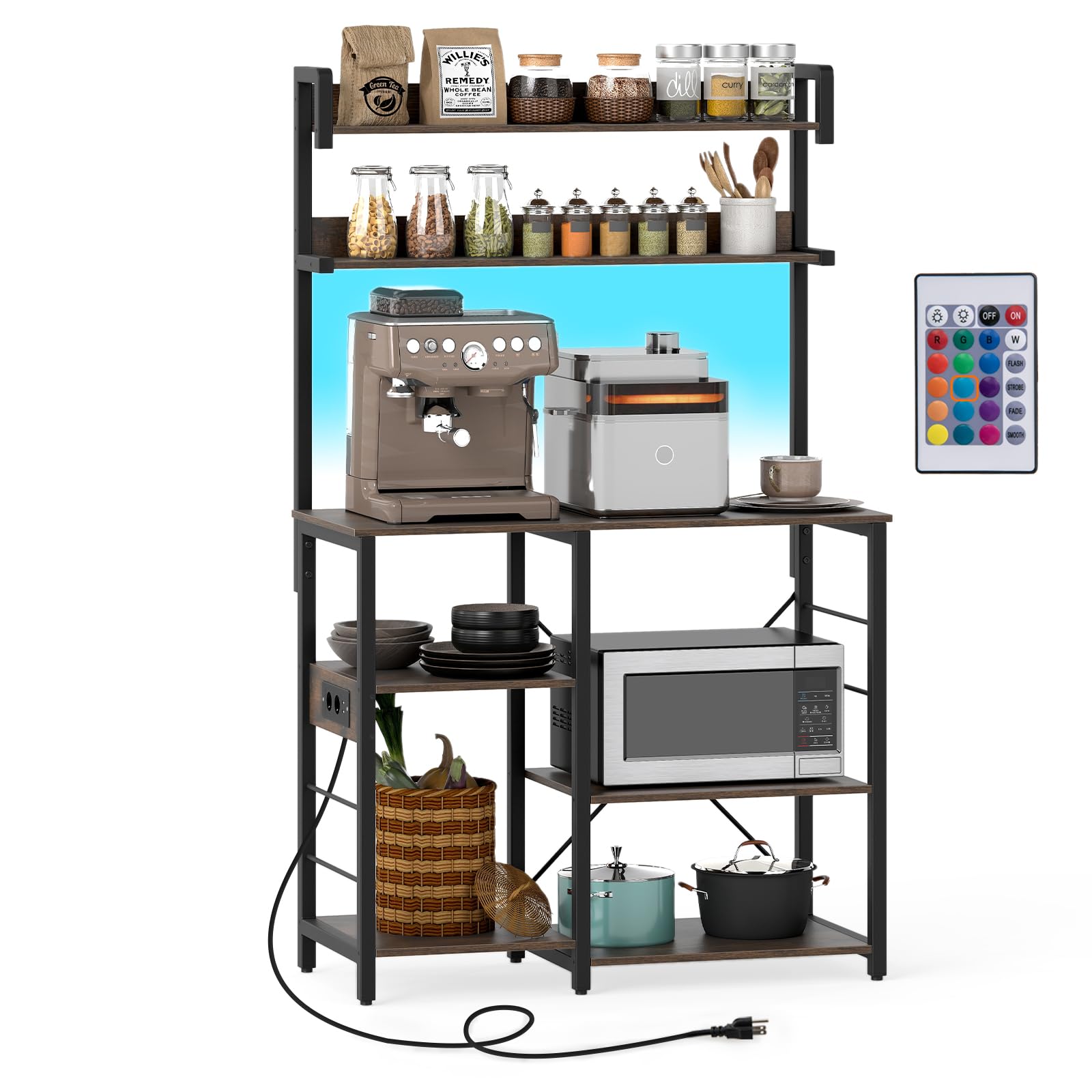 COSTWAY Scaffale da Cucina con Multipresa, Supporto per Microonde a 5 Ripiani con Luci LED, Mensole Portaoggetti, Scaffale Multifunzionale per Cucina Soggiorno Bar, 90 x 40,5 x 147 cm