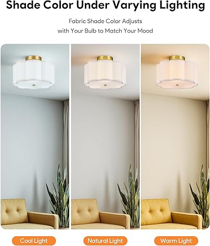 Miniatura 2 de VONLUCE Lámpara de techo semiempotrada, lámpara de techo de 12.6 pulgadas con pantalla de tela en forma de flor, lámpara moderna de 3 luces para