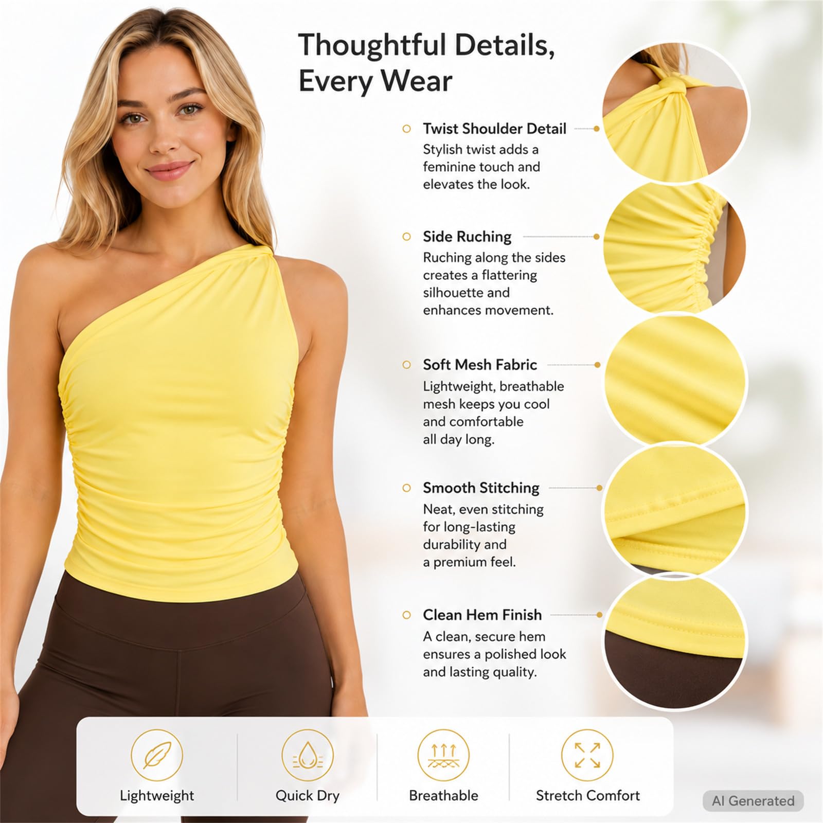 One-Shoulder-Top für Damen, Netzstoff, schnell trocknend, gerüscht, ärmellos, Yoga, bauchfrei, schmale Passform für Pilates, Fitnessstudio, Workout, Training