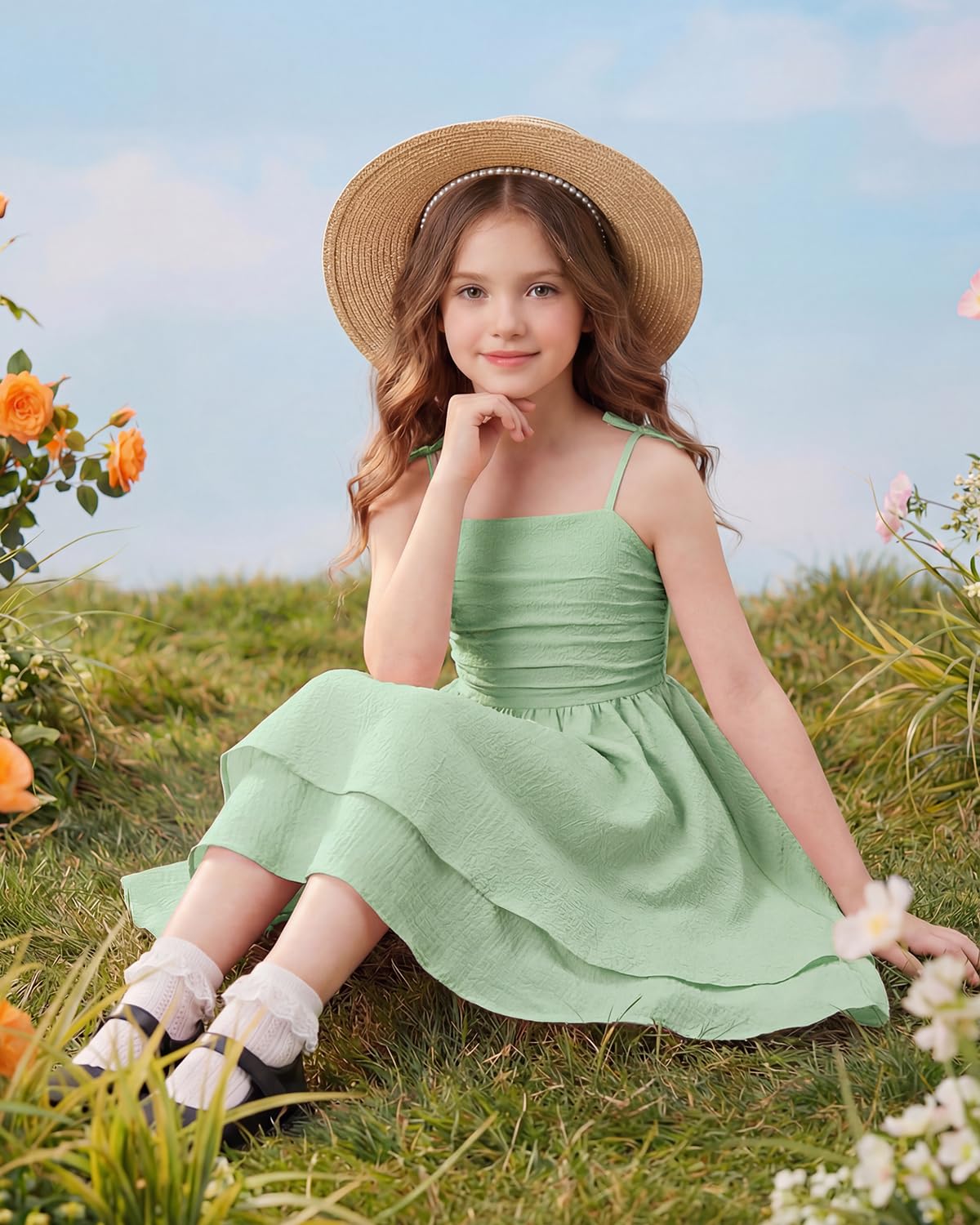 JiAmy Vestito con spalline sottili per bambine e ragazze, prendisole estivo e primaverile, casual, da spiaggia, per adolescenti, abito da ballo per 7-12 anni
