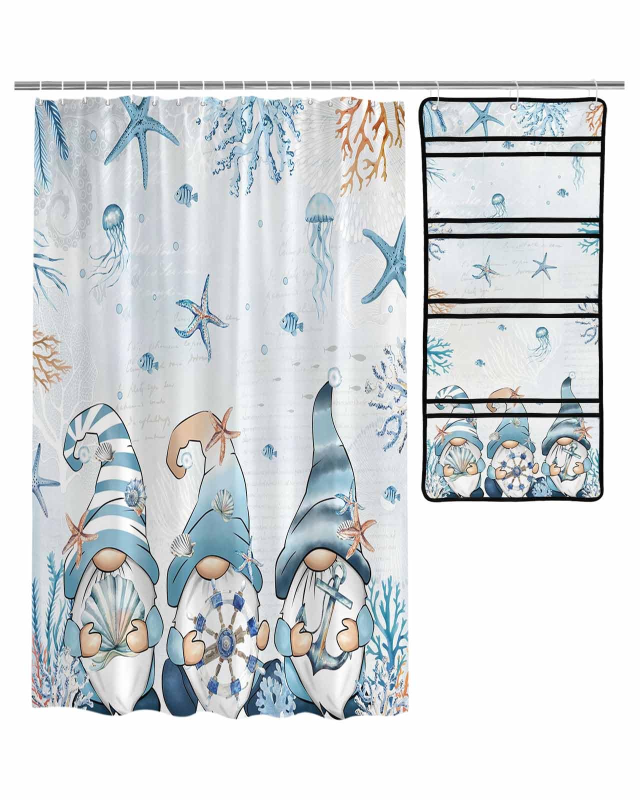 Decorative Shower Curtain Sets Ocean Wood Grain Fabric Waterproof Shower Curtains Vintage Gnomes Turtle Starfish Light Blue Mesh
