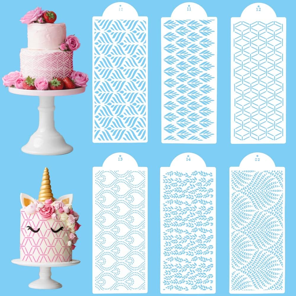 SIYINGSAERY Cake Stencils, 6 PCS Cake Decorating Stencils Floral Cake Templates Plastic Buttercream Stencil Molds Mould Printing Hollow Lace Embossed Impression Mat for Fondant Wedding Birthday Cake