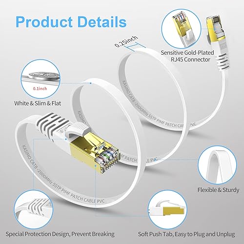 Miniatura 3 de Cable Ethernet Cat 8 KASIMO Cat8 de 20 pies, cable plano LAN para Internet de 40 Gbps 2000 MHz, cable de conexión de red de alta velocidad, cable