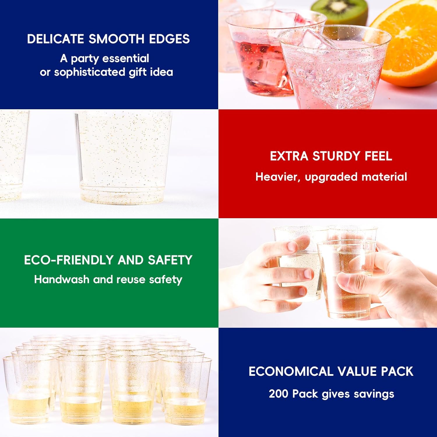 JOLLY CHEF 200 Pack 9 oz Glitter Plastic Cups, Disposable Gold Cups, Clear Plastic Tumblers for Wedding, Thanksgiving, Christmas Party - Image 4