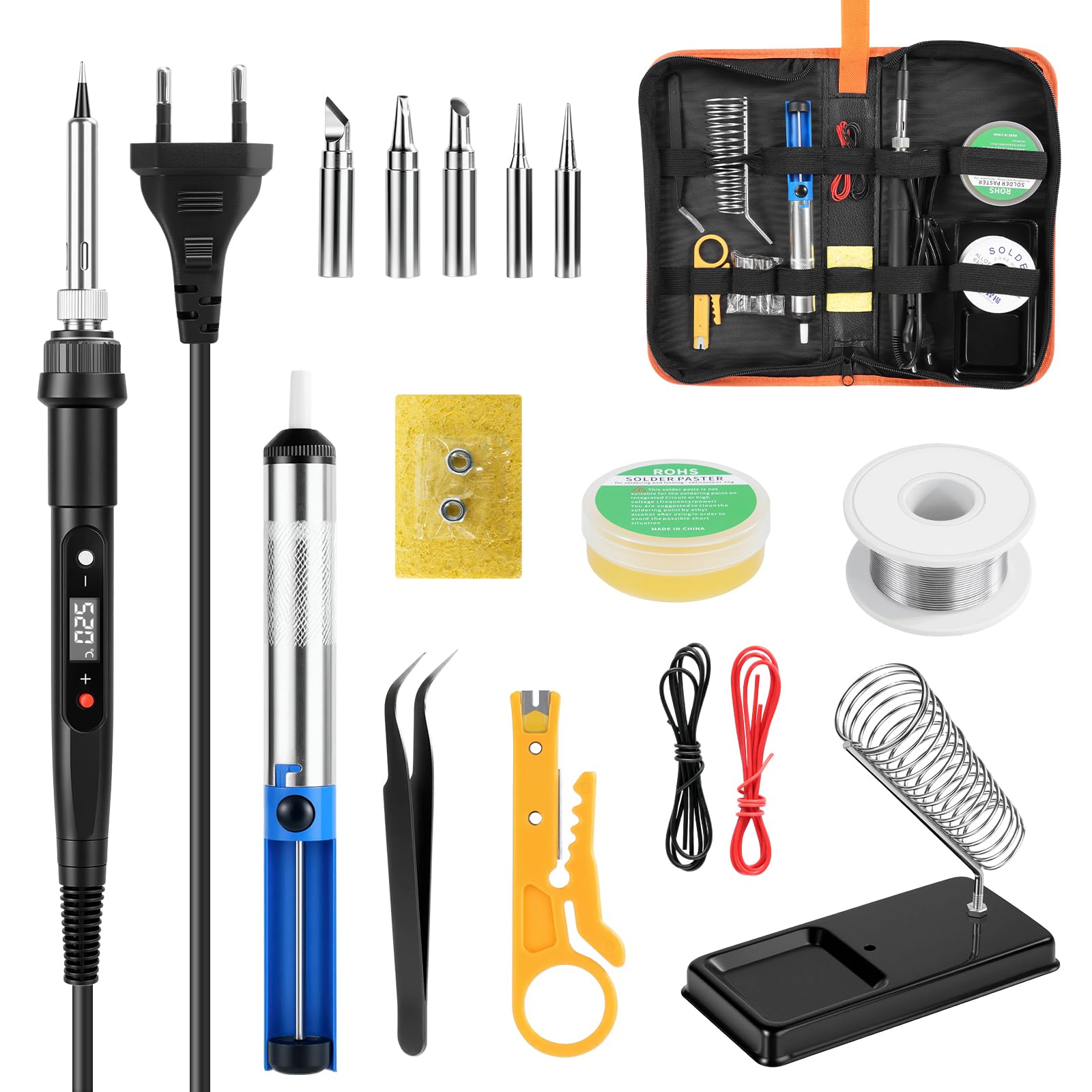 100W LCD Soldador de Estaño Kit Juego de Soldador Eléctrico Temperatura Ajustable 180-520℃, Kit de Soldadura con Interruptor ON-OFF/Alambre de Soldadura 50g/5 Puntas/Bomba Desoldadora/Soporte y Pinzas