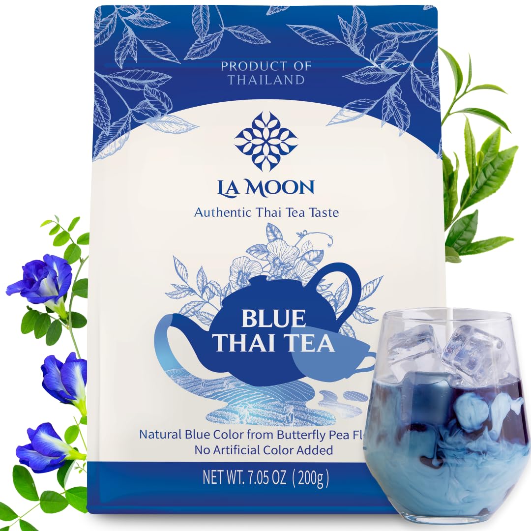 LA MOON TEA Blue Thai Tea Mix - Traditional Loose Leaf Thai Tea Mix from Butterfly Pea Flower and Assam Black Tea for Home-made Blue Thai Iced Tea, Boba Tea & Latte - No Food Dye, 7.05 Oz.