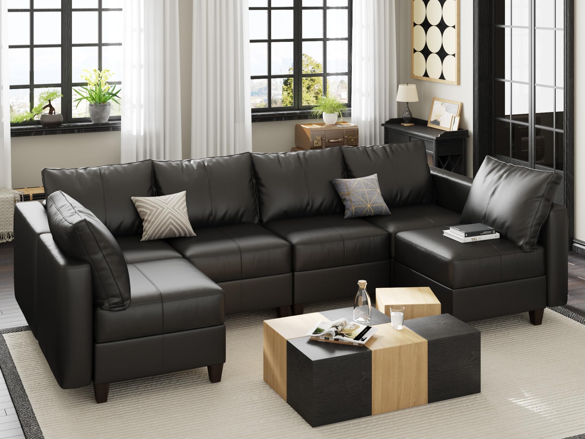 EASE MOOSE Modular Sofa with Storage, Faux Leather Sectional Sofa U Shaped Sectional Couches for Living Room, Black