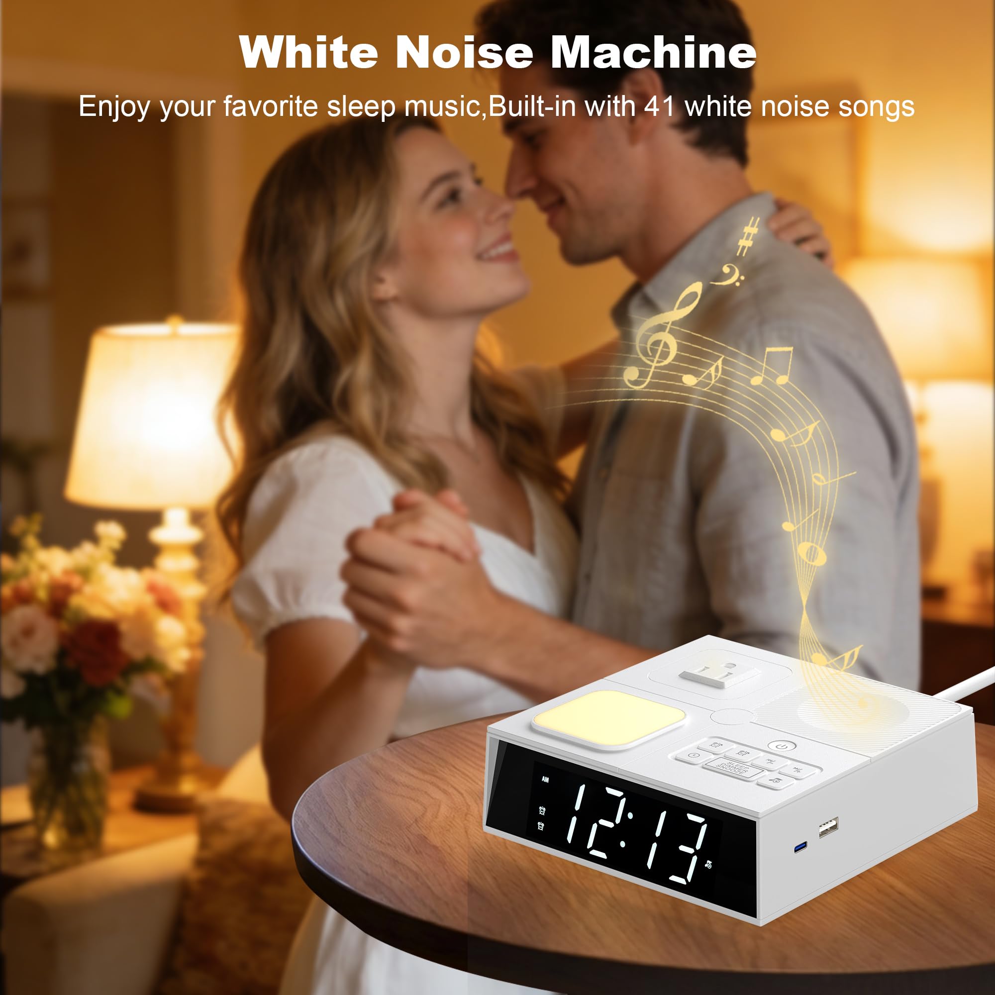 Sveglia con caricatore USB e prese AC, orologio digitale per chi dorme pesante, adulti, bambini e ragazzi, stazione di ricarica da comodino (luce notturna e musica per dormire)