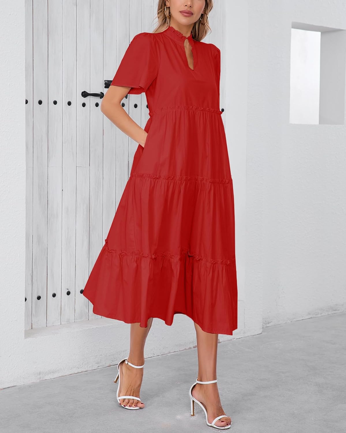 Women's V Neck Tiered Midi Dress Casual Short Sleeve Ruffle Flowy Summer Beach Vacation Long Dress - Image 4