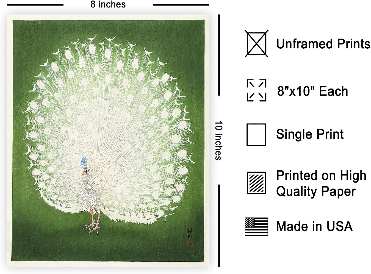 Poster Master Vintage Ohara Koson Poster - Retro Peacock Print - Japanese Art - Classic Painting - Animal Artwork - White Bird Illustration - Aesthetic Living Room or Office Wall Decor - 8x10 UNFRAMED