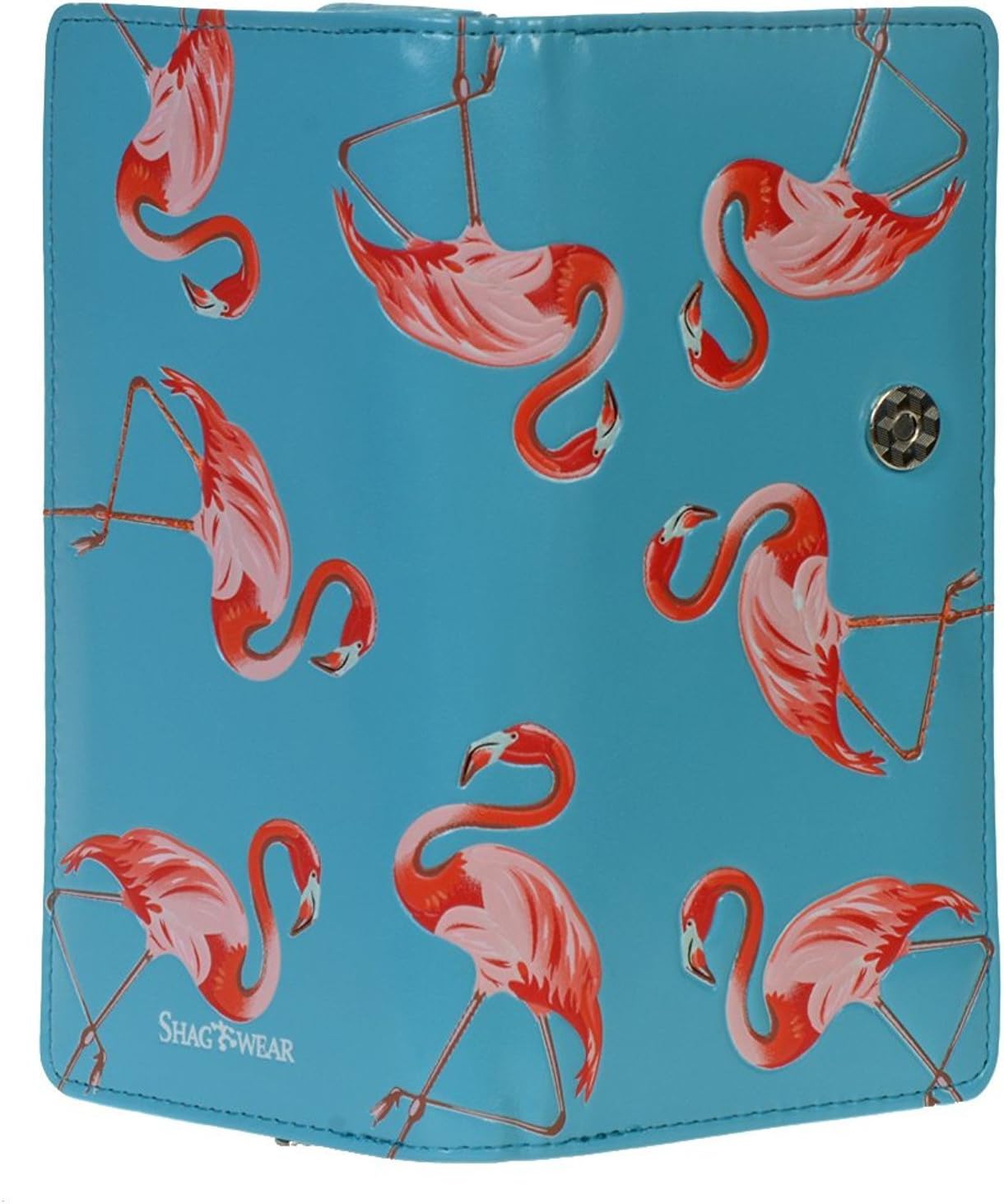 Shag Wear Women's Vegan Faux Leather Clutch Purse with Multi-card Holder Zipper Around Closure, Sky Blue Flamingoes