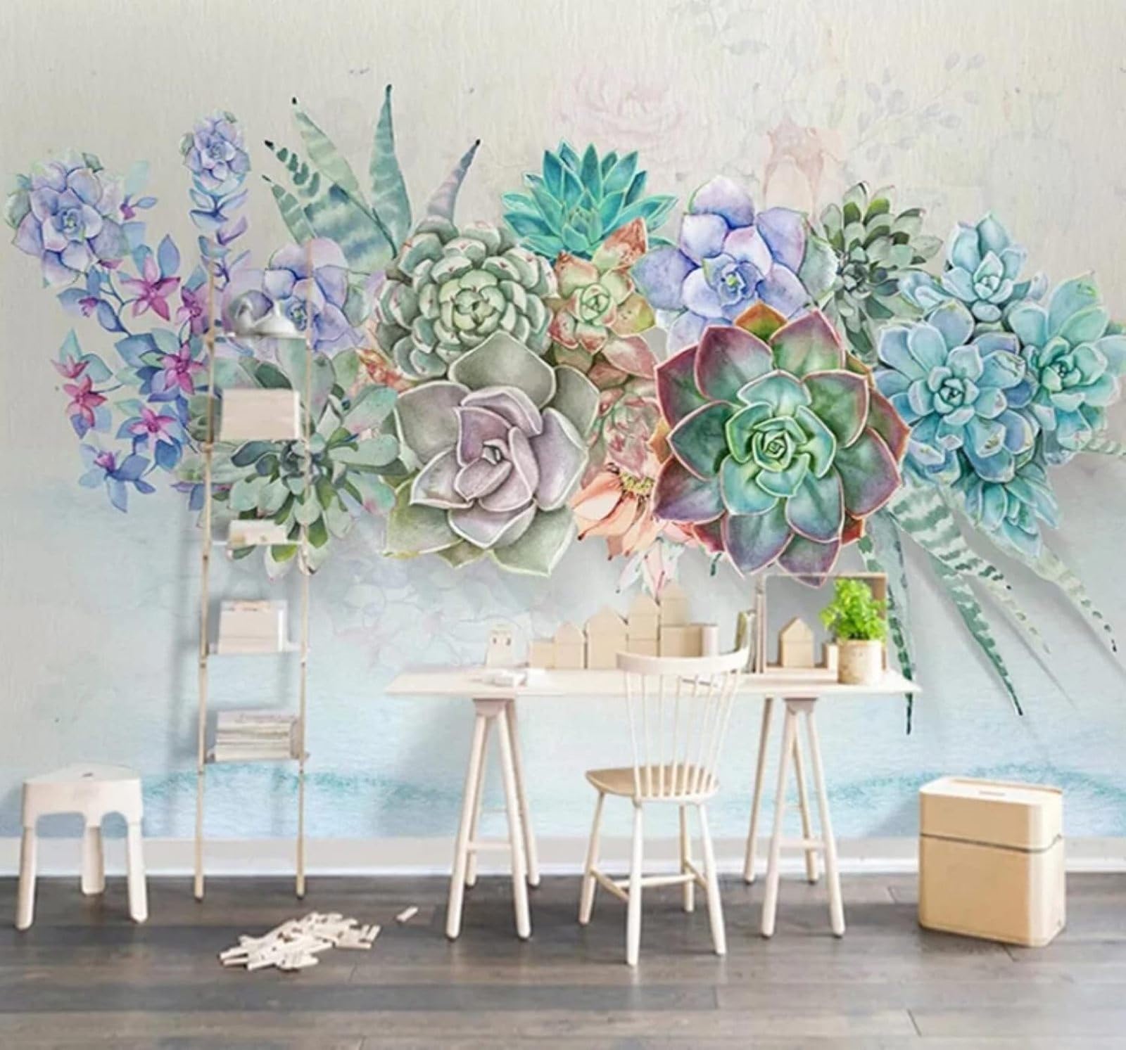 Wallpaper-3D-Xlm 200Cm×140Cm(B×H) Vintage Fresh Colourful Succulent Plants 3D Wallpaper Easy Install Feature Office Living Room Sofa Bedroom Tv Background Wall Decoration-200Cm×140Cm