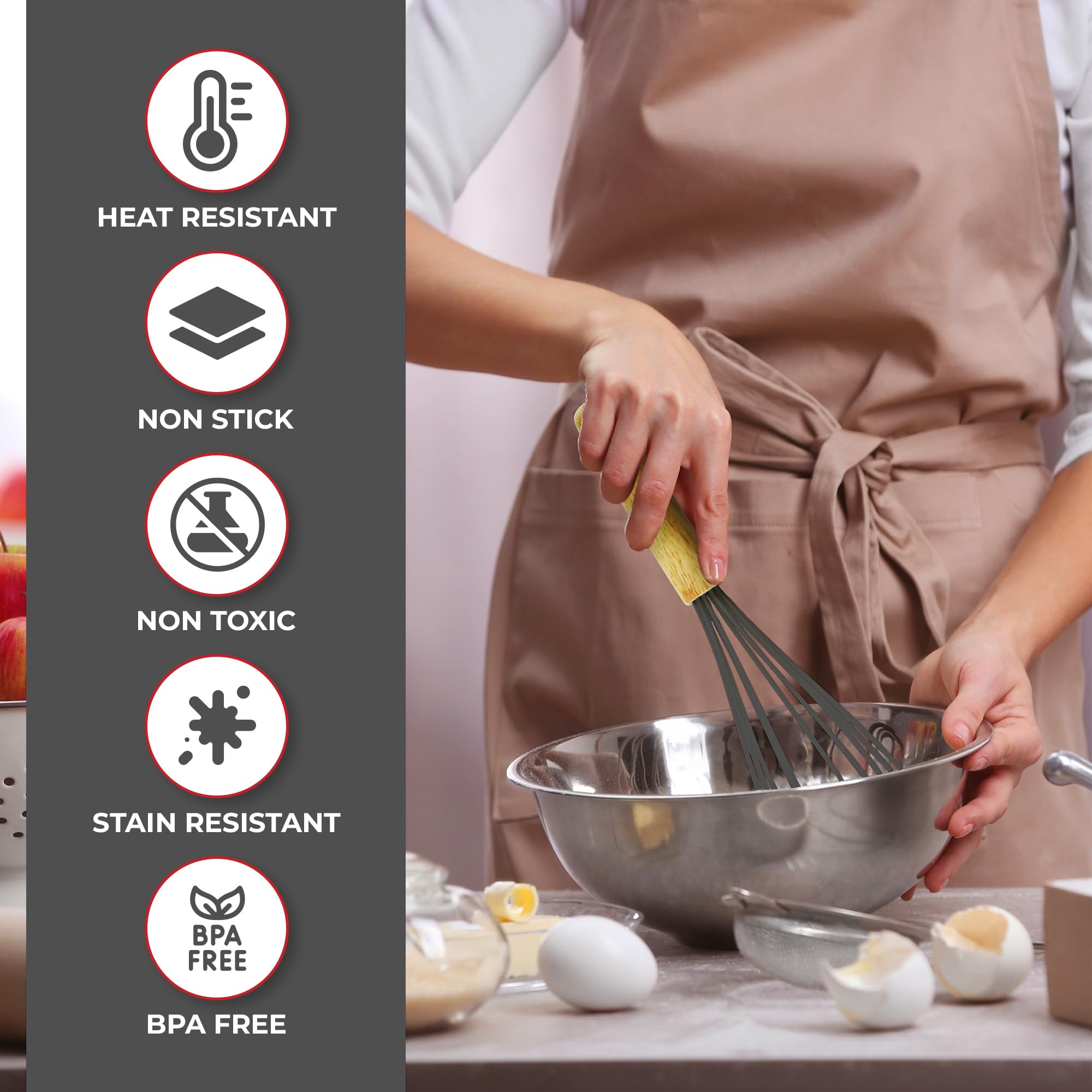Kaluns Juego completo de 50 utensilios de cocina de silicona, resistentes al calor, antiadherentes, con asas de madera, abrelatas, machacador, volteador, espátula de silicona