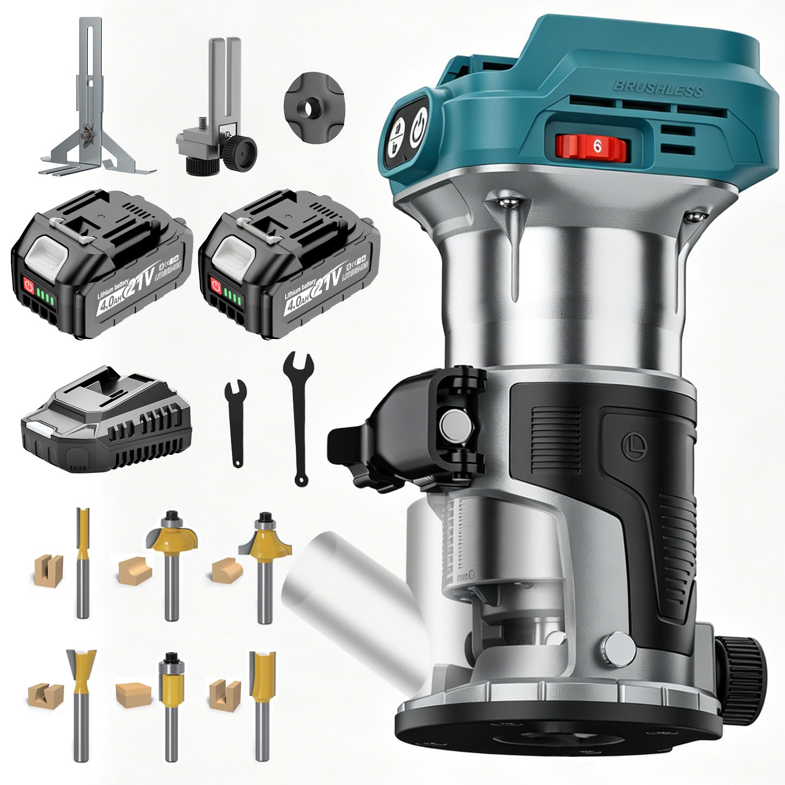 Yofuly Fresadora para Madera Compatible con Baterías Makita de 18V, Rebajadora Eléctrica con 2 Baterías de 4,0Ah | 6 Velocidades | 28000 RPM, Fresadora de Mano 6 Fresas de 6,35mm para Carpintería
