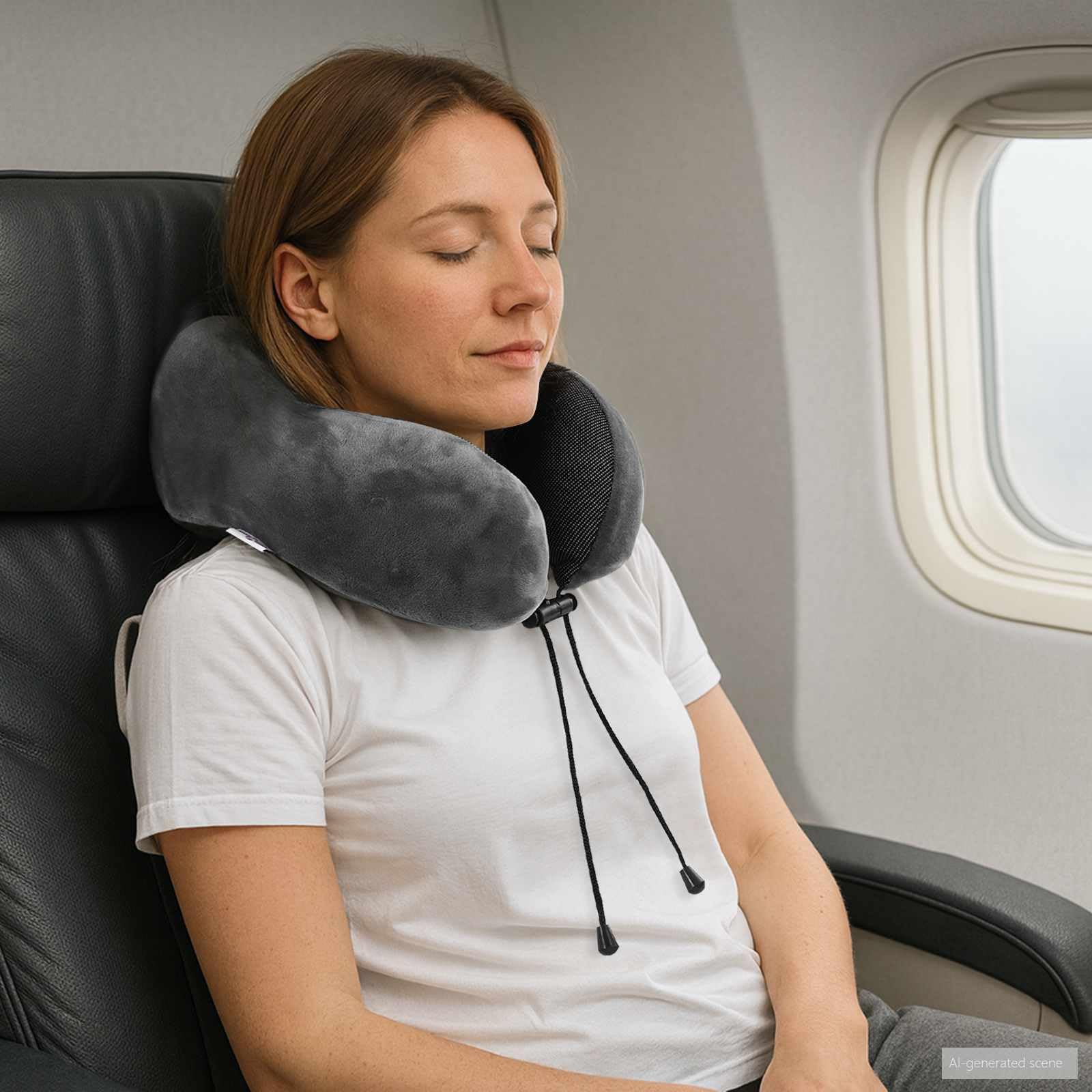 Reisekissen Nackenstuetzkissen Grau Viscoschaum 27 x 26 x 14 cm für Flugzeug Zug Auto, Memory Foam für Schlafkissen und Entspannung unterwegs