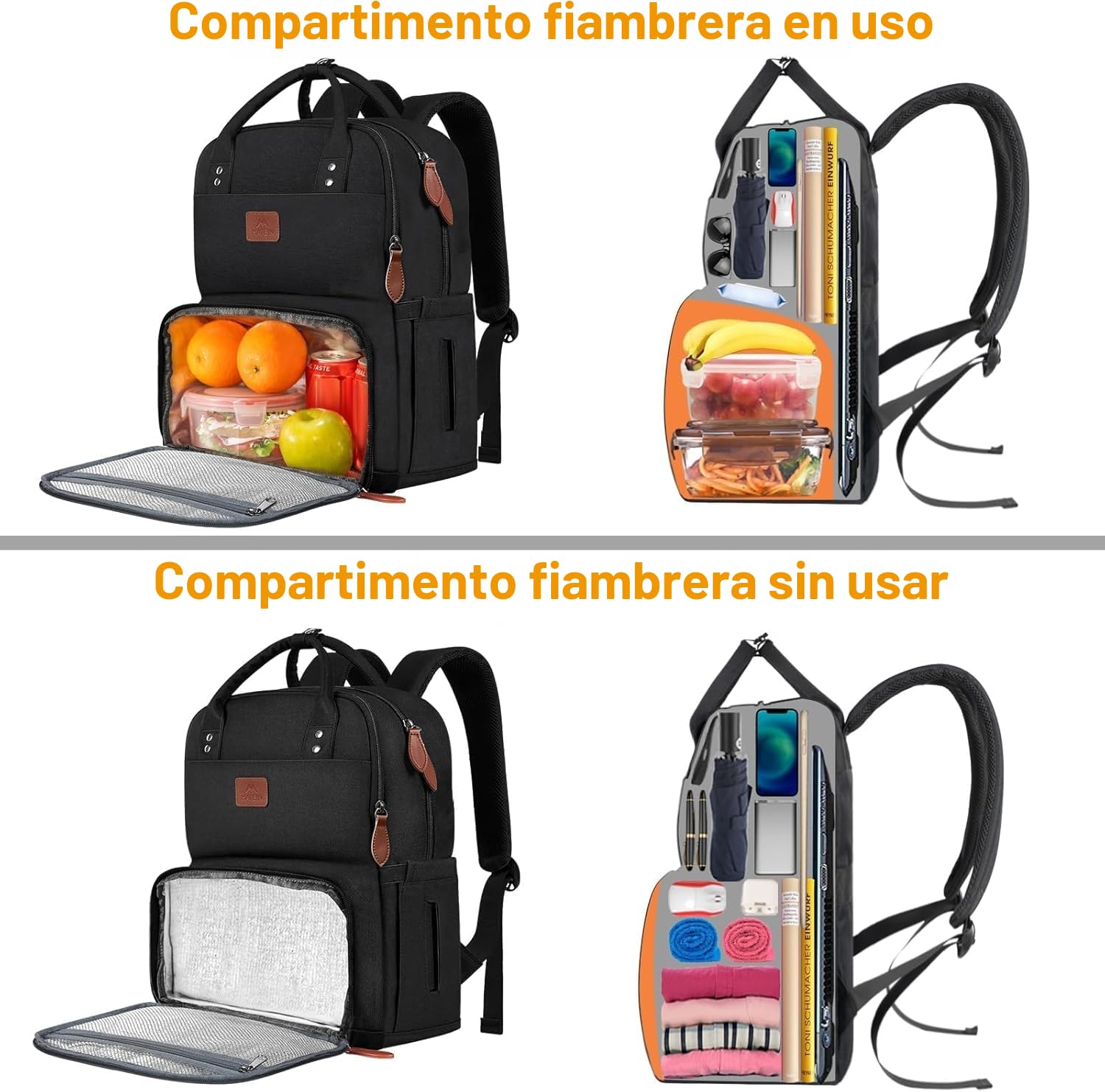 MATEIN Mochila de Picnic para Portatil de 15.6" con Compartimento Térmico para Almuerzo, Mochila Trabajo Mujer Impermeable, Lunch Backpack para Oficina, Camping y Viajes, Negro
