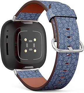 CJBROES Replacement Leather Watch Band, Compatible with Fitbit Versa 3 and Fitbit Sense of Wristband Bracelet Accessory - Jeans Leaves Denim