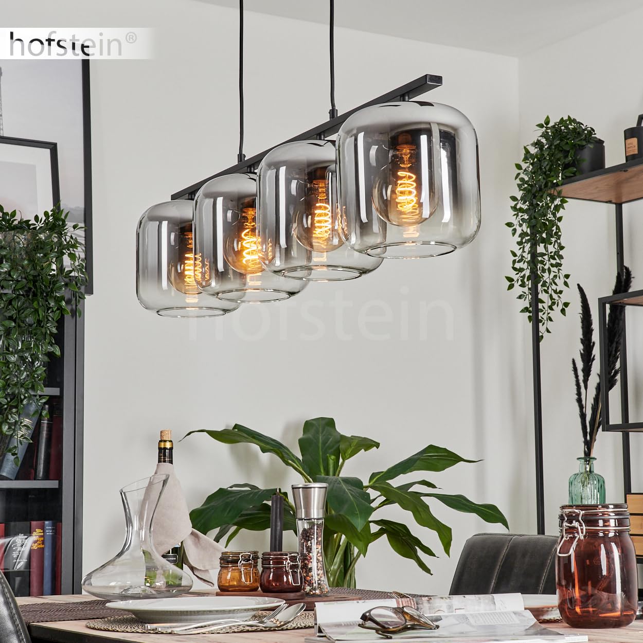 Pendelleuchte Lauden, Hängeleuchte aus Metall/Glas in Schwarz/Rauchfarben/Klar, Leuchte im Vintage/Retro Design, Schirme aus Glas (Ø 20 cm), 4-flammig, Höhe max. 111,5 cm, 4 x E27, ohne Leuchtmittel