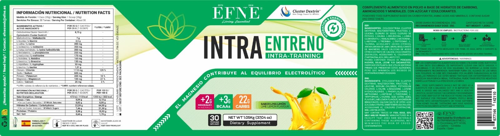 EFNE Intra Entreno Premium 1,05kg Sabor Lima-Limón | Cluster Dextrin + BCAA + Citrulina + Electrolitos | Bebida Intra Workout para Energía Sostenida, Hidratación y Recuperación Muscular | Sin Cafeína