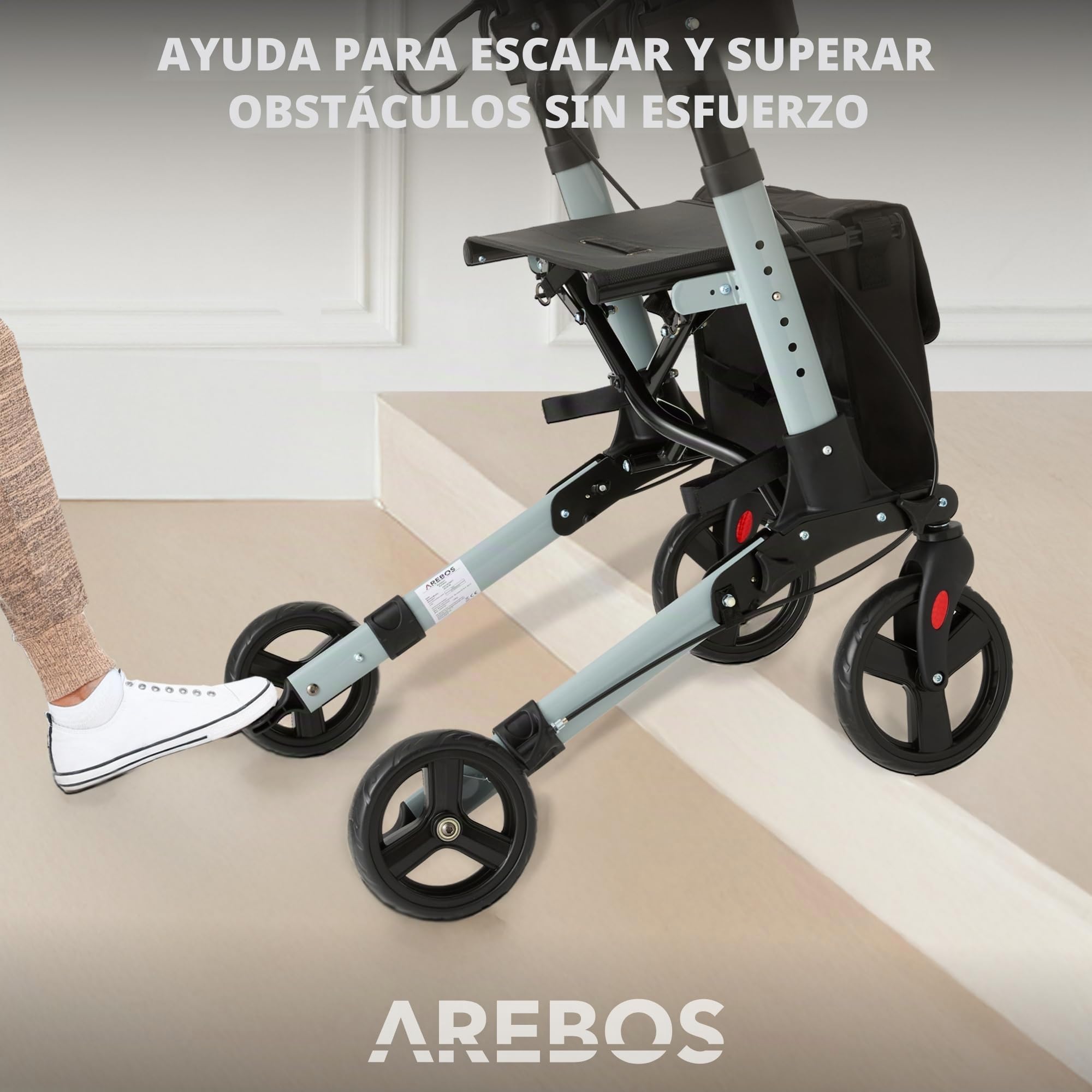 Arebos Andador Ligero de Aluminio | Plegable con 6 Alturas Ajustables | Incluye Soporte para Bastones y Bolsa de la Compra Extraíble | Función de Bloqueo | Gris