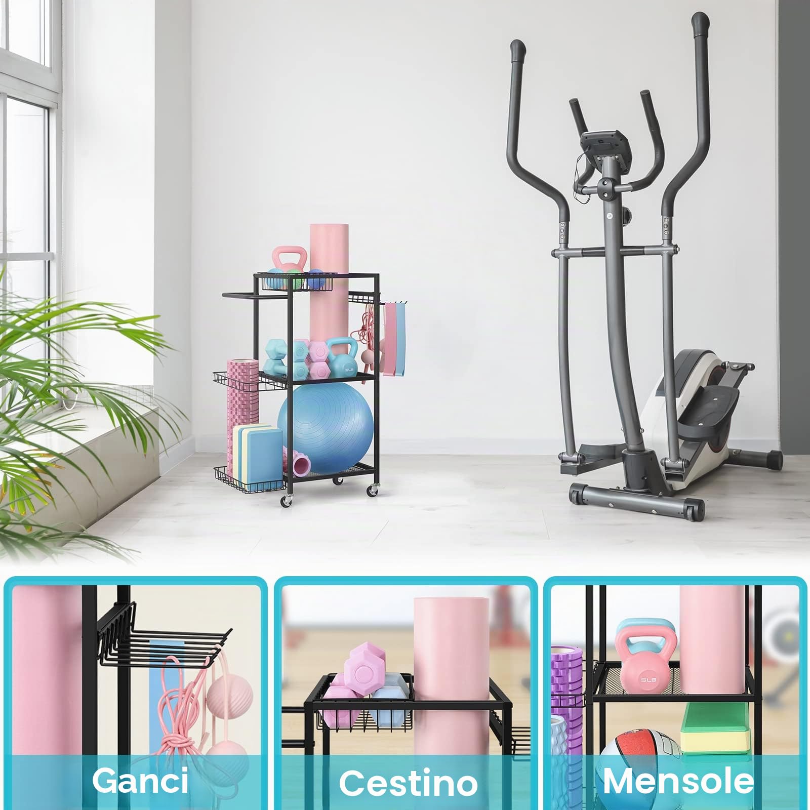 LIANTRAL Rastrelliera per manubri, tappetino da yoga, scaffale per attrezzature da allenamento per manubri, kettlebell, tappetino da yoga e palle, organizer per casa e palestra, con ganci e ruote