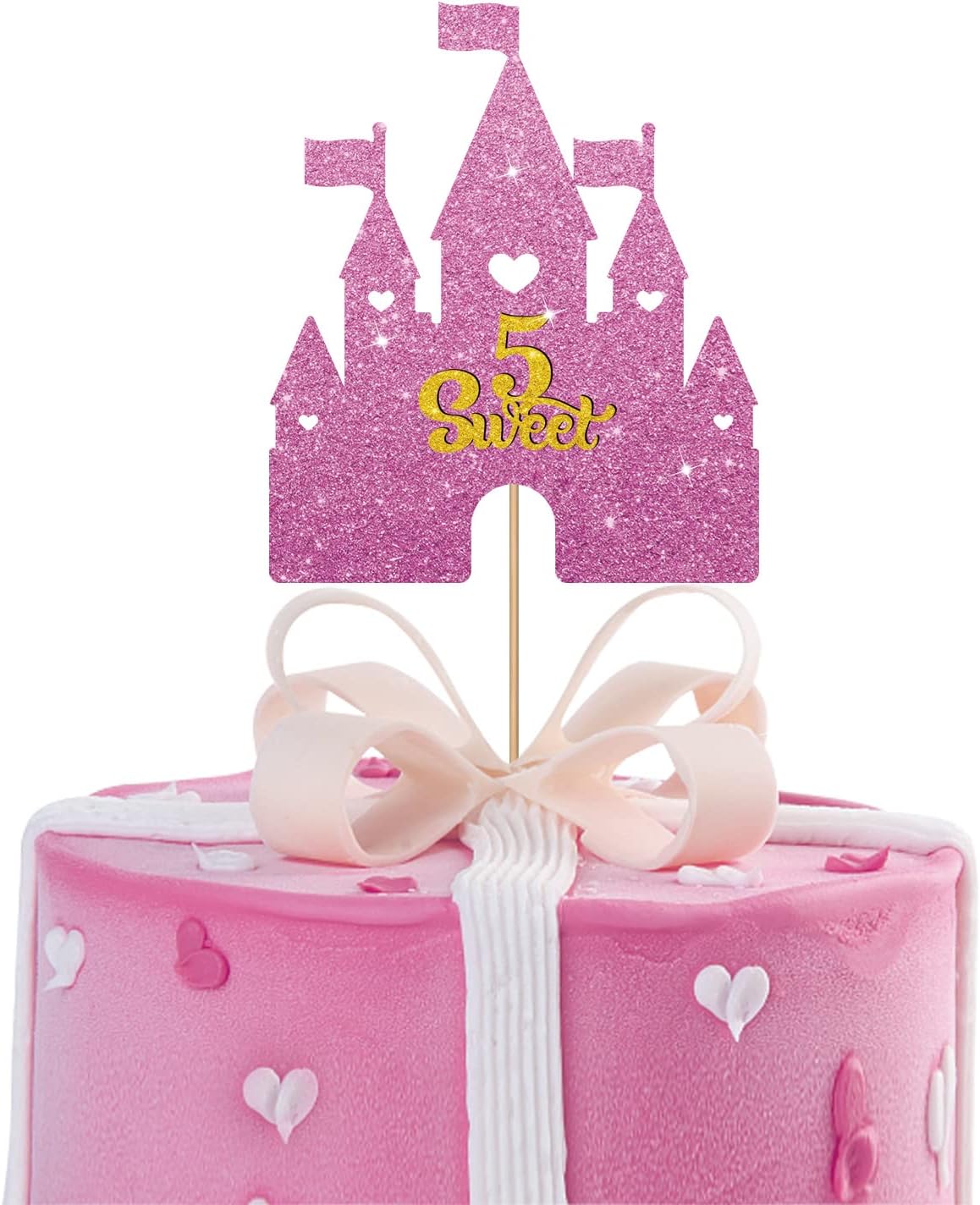Castle 5th Birthday Cake Topper, Castle Five Year Old Cake Topper, Princess Fifth Birthday Cake Decor, Castle Sweet Five Party Decoration - Pink & Gold Glitter