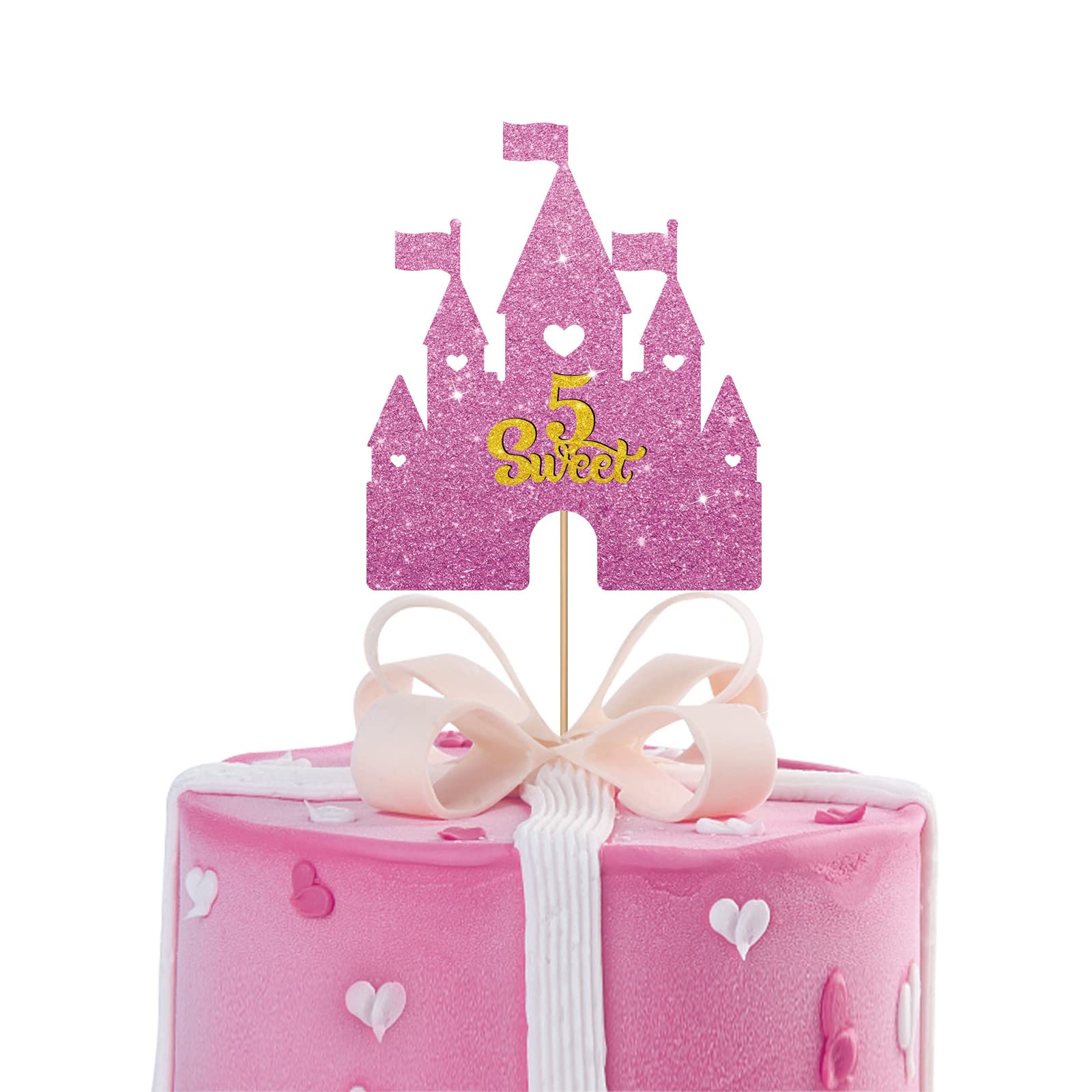 Castle 5th Birthday Cake Topper, Castle Five Year Old Cake Topper, Princess Fifth Birthday Cake Decor, Castle Sweet Five Party Decoration - Pink & Gold Glitter